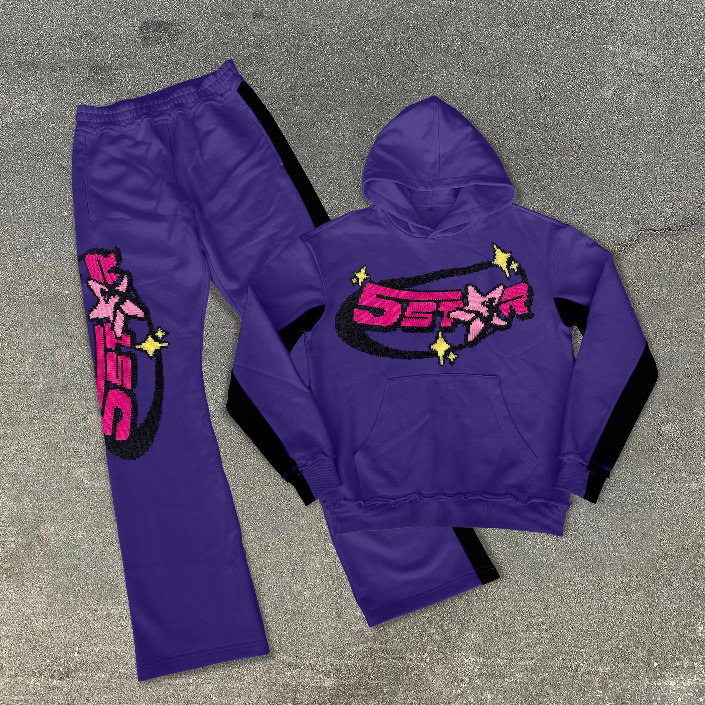 Retro print trendy casual hoodie pants suit