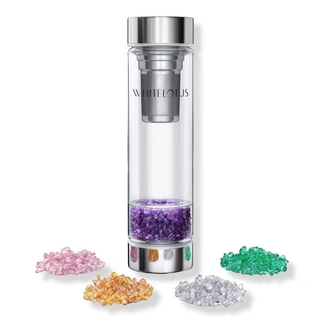 White Lotus Beauty  Crystal Healing Water Bottle 5 Sacred Stones Luxury Glass Tea Infuser