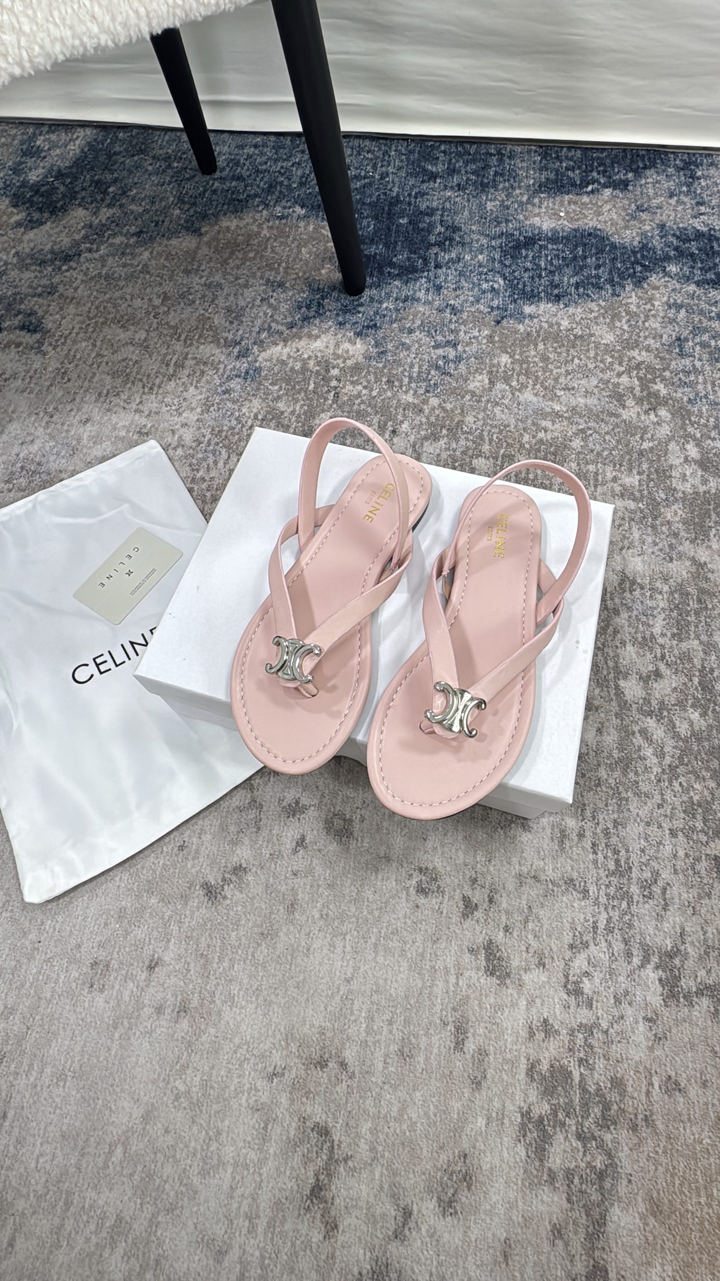 Celine Triomphe Metallic Logo Smooth Leather Slingback Thong Sandals