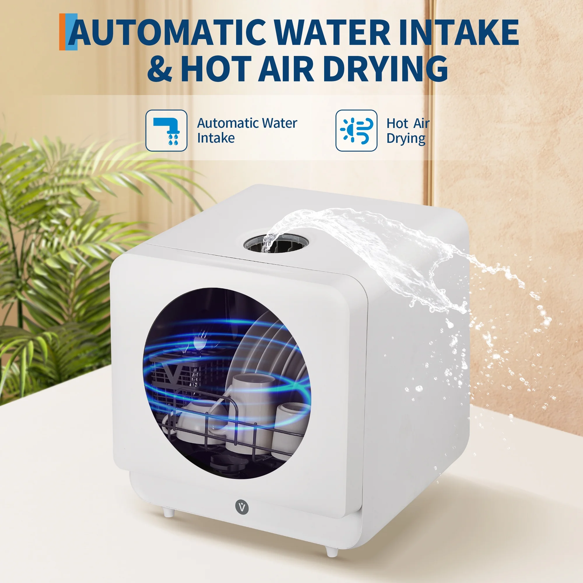 CazToi 10-Minute Quick Wash Portable Dishwasher with Powerful 162F Hot Air Drying, 6 Cycles Compact Countertop Design No Installation