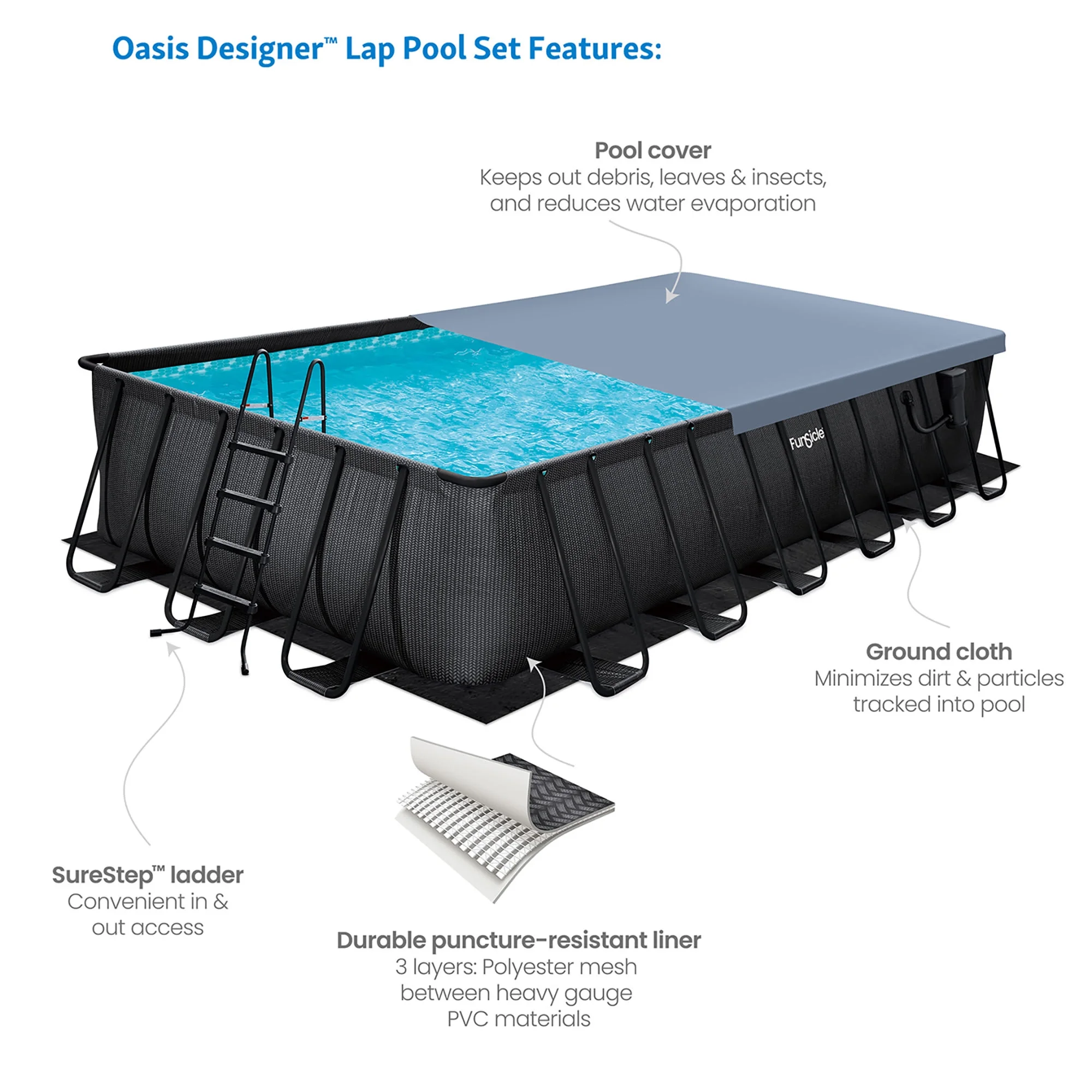 Funsicle: Oasis Designer Lap Pool - 24ft Above Ground Pool Set, 24'x12'x52", Filtration System, Ladder, Pool Cover, Ground Cloth, Maintenance Kit