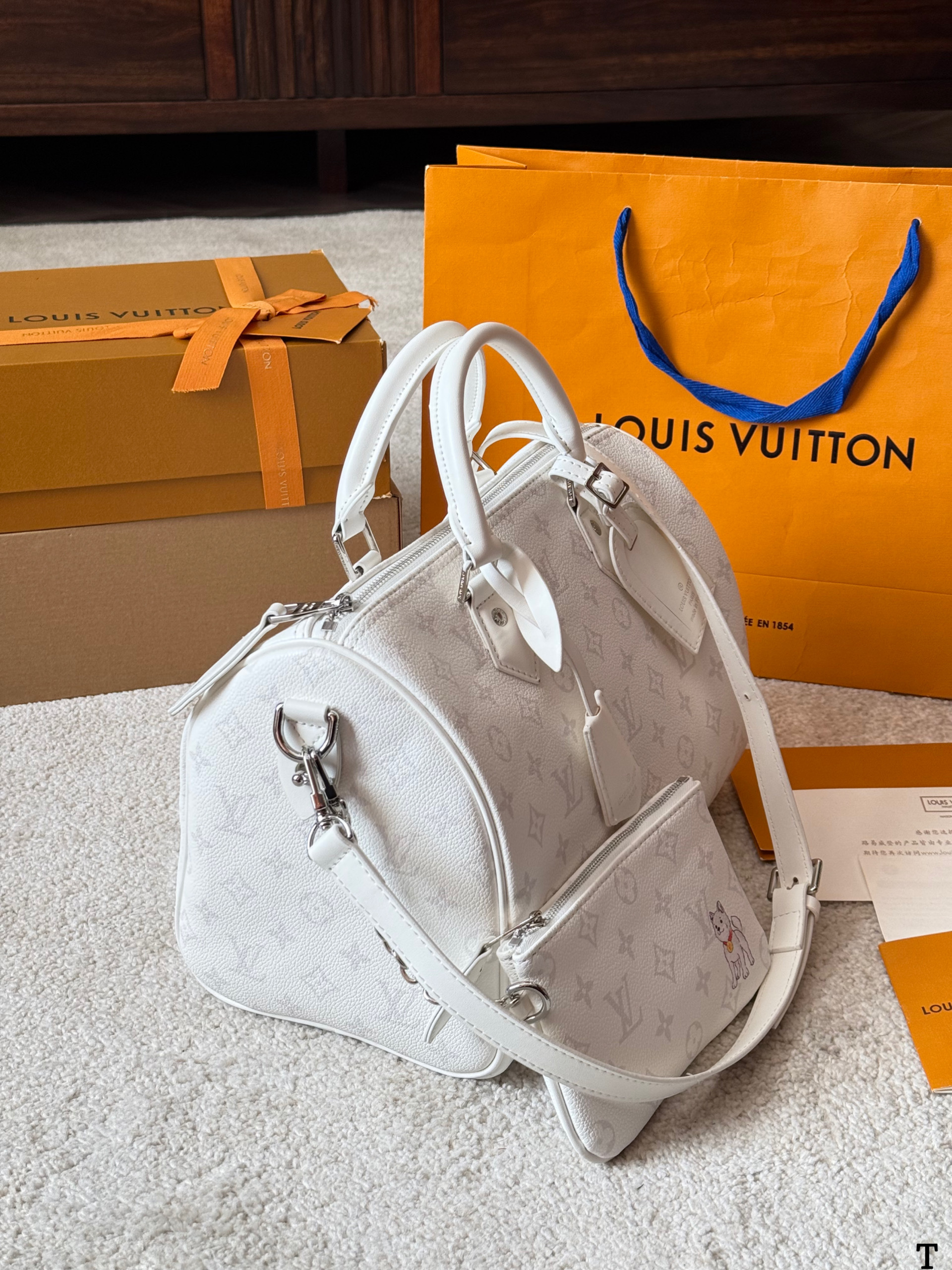 LV Speedy 30 P9 White Monogram Leather Dog Embroidery Pouch Boston Top Handle Bag