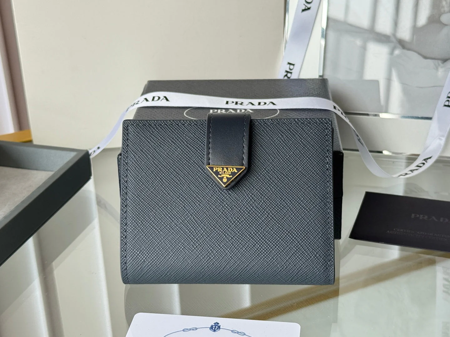 Prada 1MV204 Small Wallet Grey Saffiano & Smooth Leather