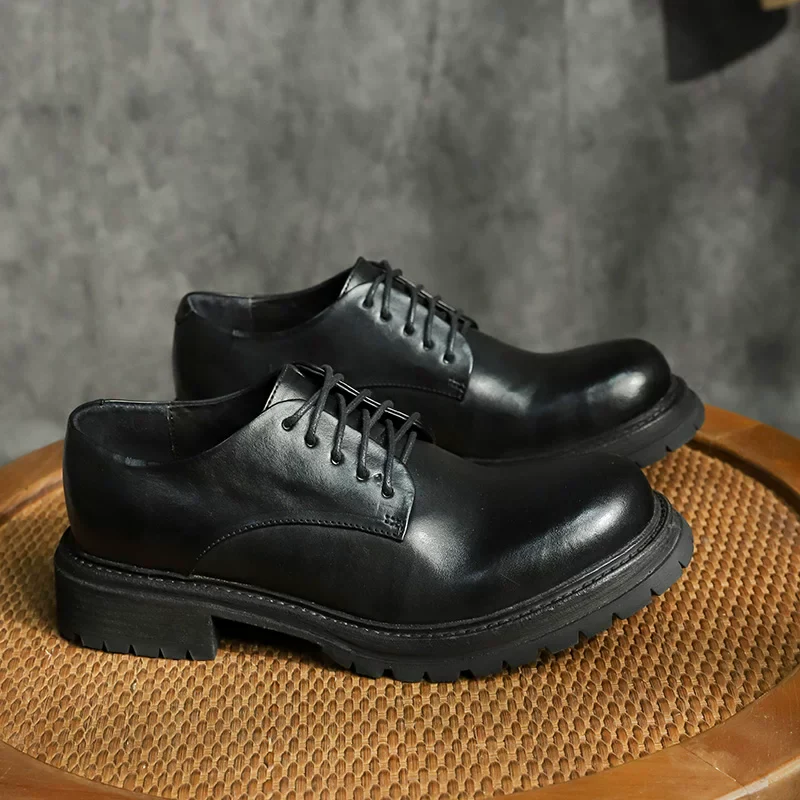 Horse skin washed casual platform leather shoes