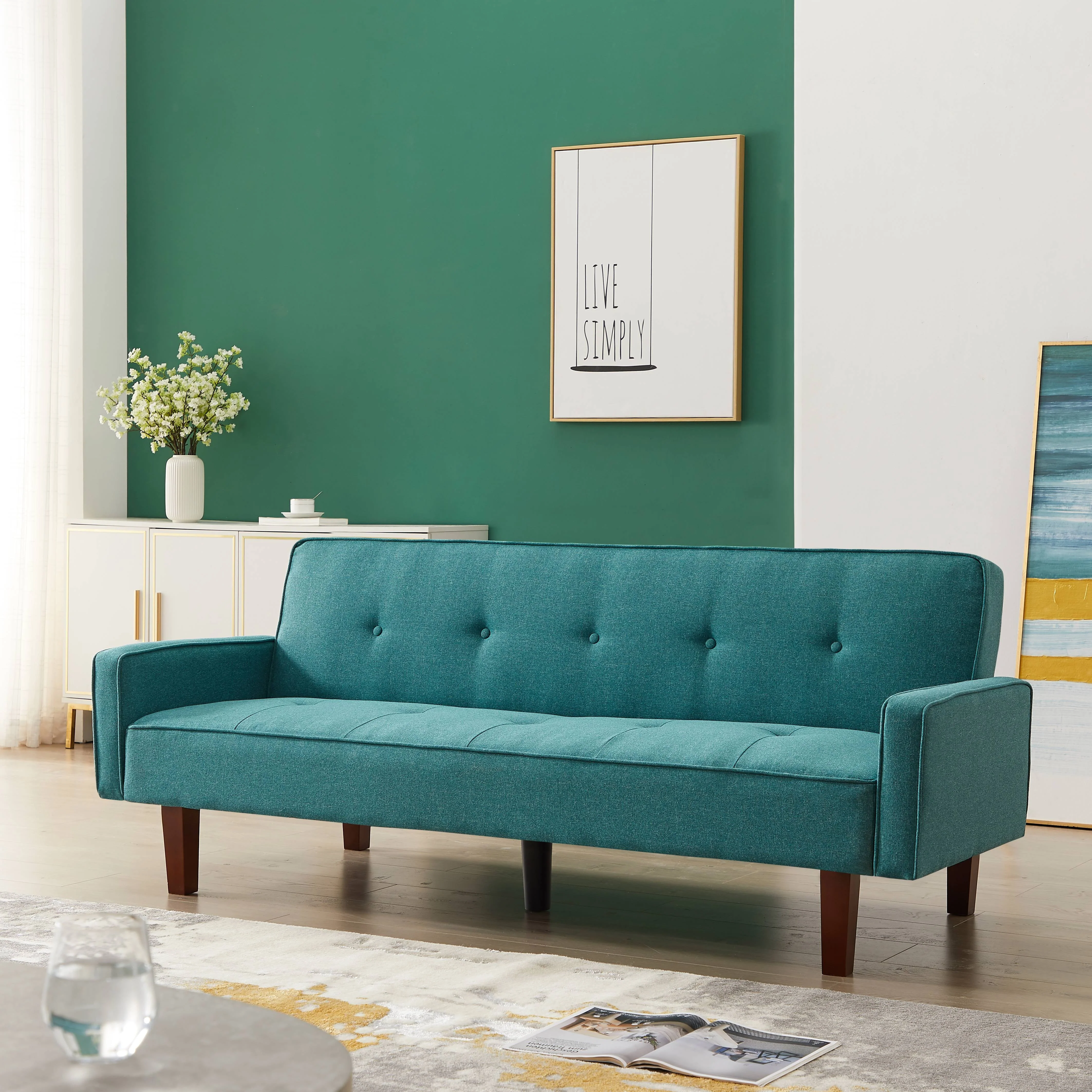 Modern Futon Sofa Bed, Linen Fabric Sleeper Sofa, Convertible Reclining Upholstered Couch Bed with 5 Wood Legs and Armrest, Foldable Couch Sofa Bed for Living Room, Office, Apartment, B1030