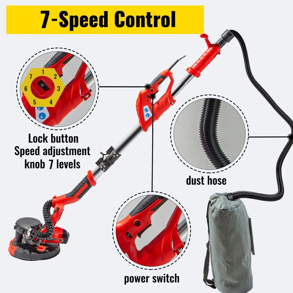 9" Drywall Sander 850W 6 Variable Speed Foldable Sander with Vacuum Bag