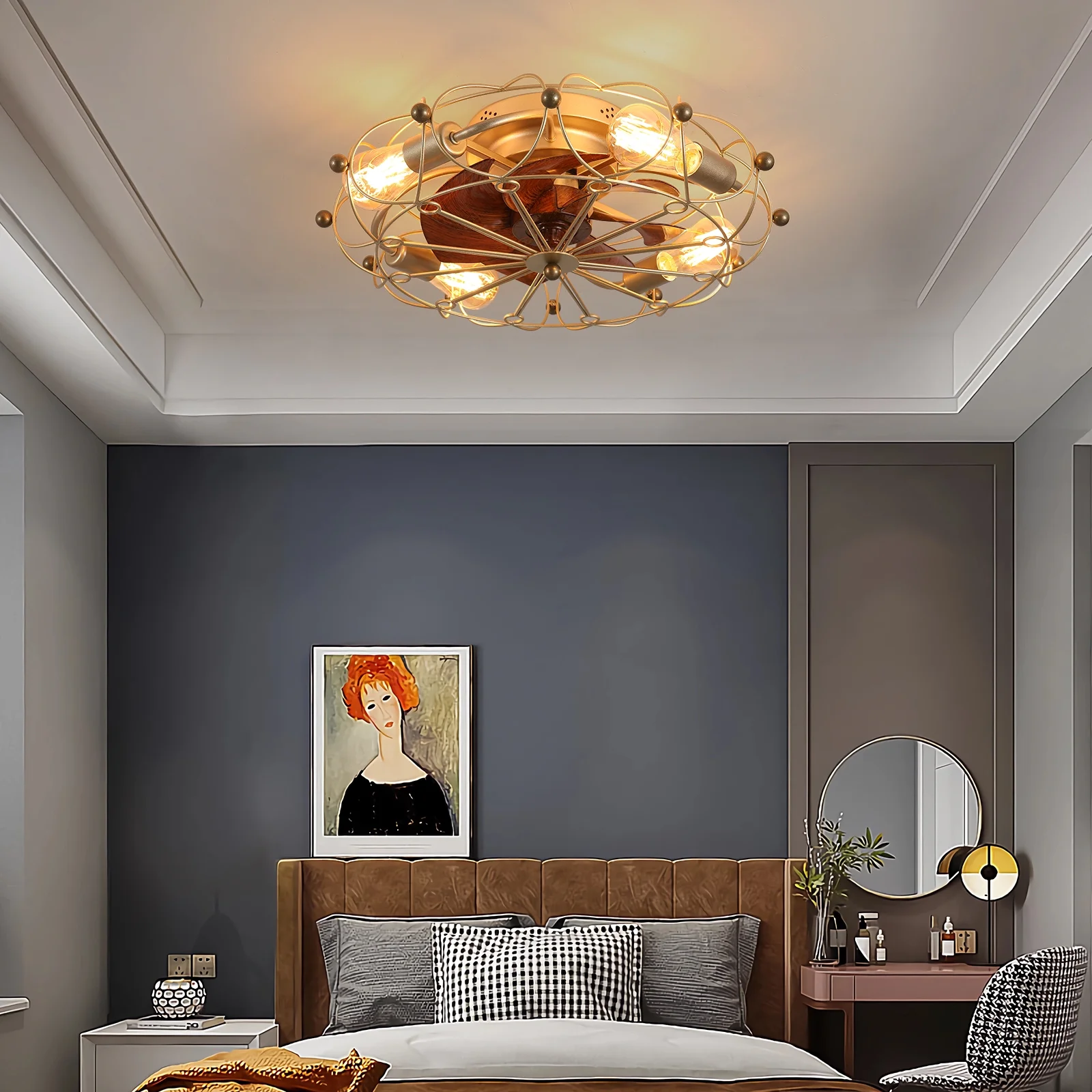Industrial Cage Ceiling Fan C Low-Profile 7-Blade Fan with Remote & Light C Modern Rustic Cooling for Small Spaces
