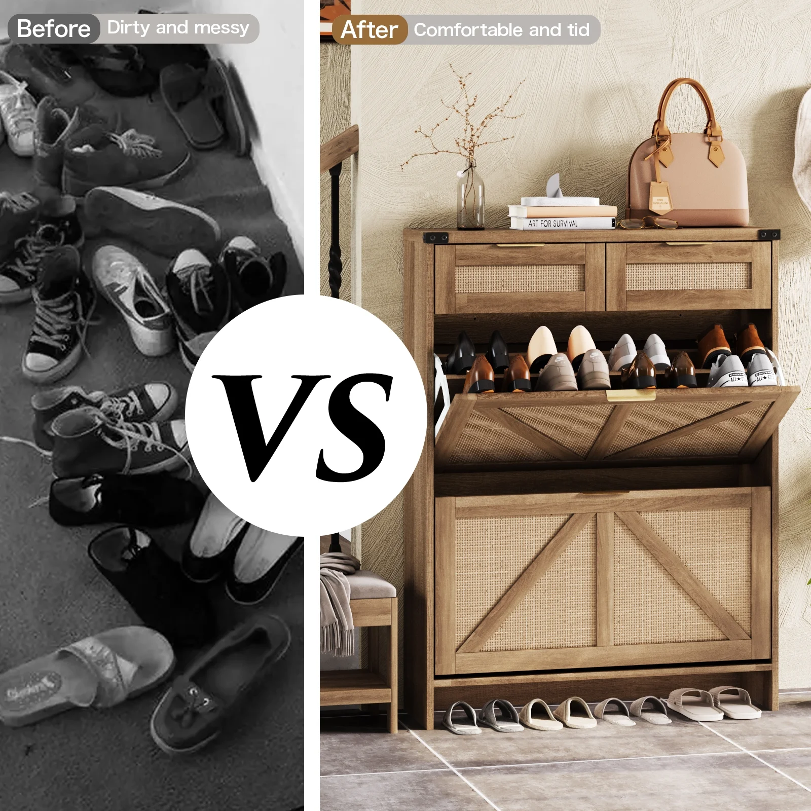 Vabches Shoe Storage Cabinet with 2 Filp Drawers and 2 Drawers, Farmhouse Slim Shoe Cabinet for Entryway, Rustic Oak Rattan