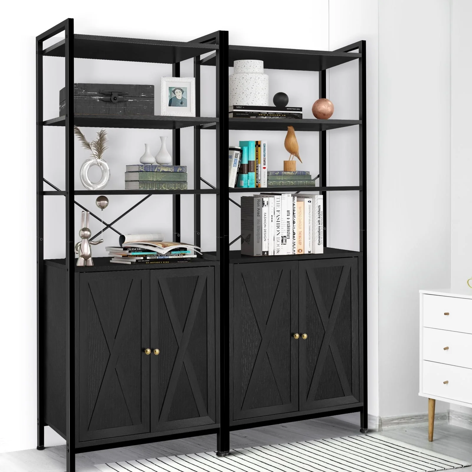 MONVANE Farmhouse Bookshelf and Bookcase with Doors, Crosshatch Design, 4 Shelves, Light Grey