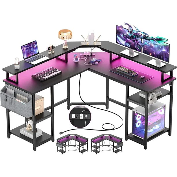 Homieasy L Shaped Desk with Power Outlet and Monitor Stand, 55" Reversible Gaming Desk with LED Light and USB Ports, Corner Computer Desk Office Desk Writing Desk with Storage Shelf, Grey Oak