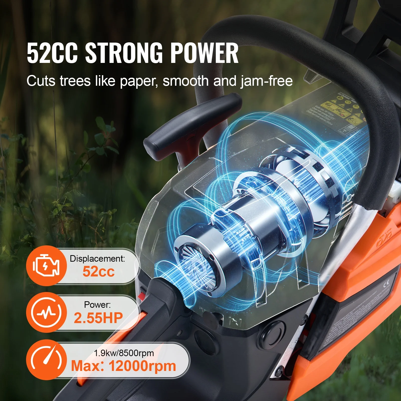 KFFKFF Gas Chainsaw, 52CC, 18-inch Blade, 2.55HP, Fuel-Operated, Portable Handheld Chainsaw for Cutting Trees, Branches, Trimming, and Clearing Land in Gardens, Farms, and Forests