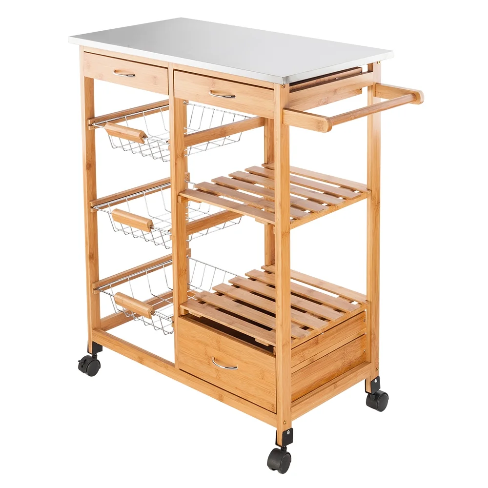 Tcbosik Moveable Kitchen Cart, Kitchen Island Trolley with 3 Baskets, 2 Open Shelves and 3 Drawers, Counter Height Table on Wheels for Home, Hotel, and Restaurant Use, Burlywood