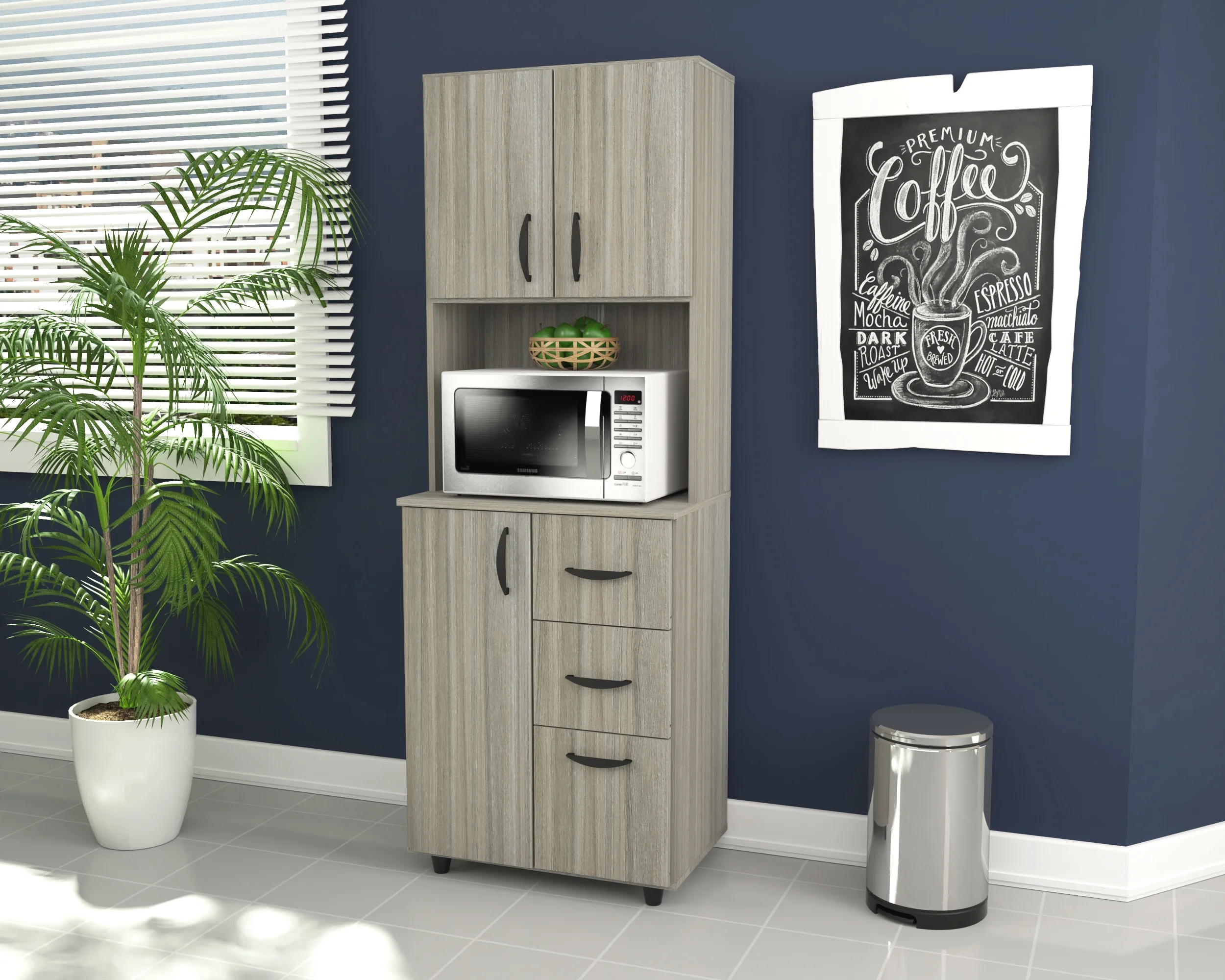 INVAL 3-Drawer 4-Shelf Kitchen/Microwave Storage Cabinet  in Gray Smoke Oak