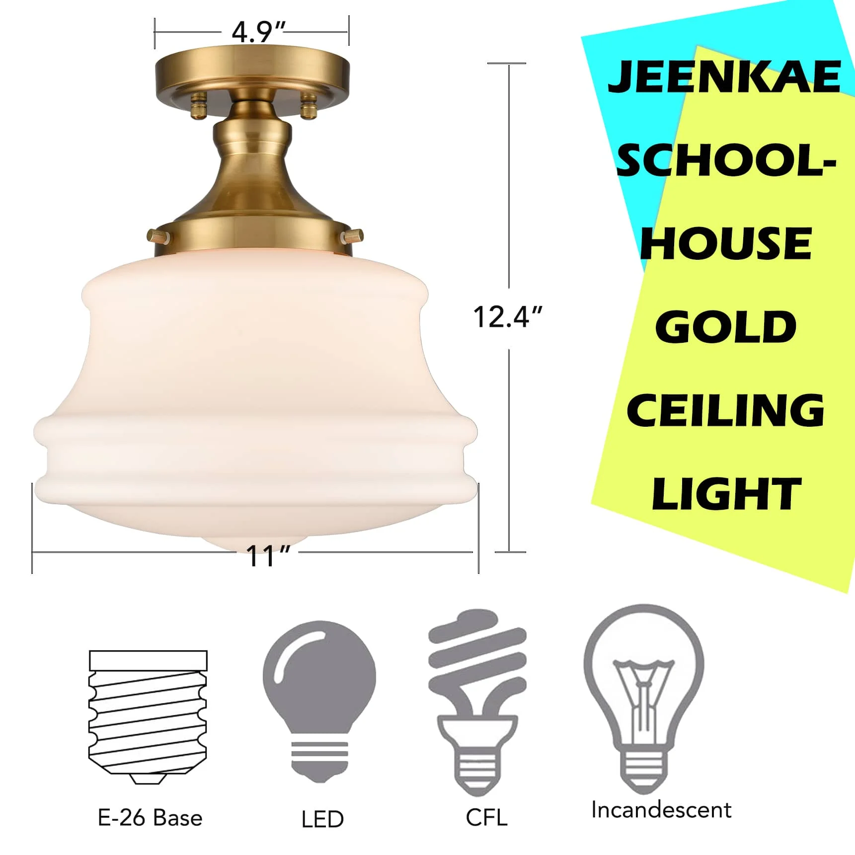Modern Semi Flush Mount Ceiling Light Gold Hallway Light Fixture Opal Milk Glass