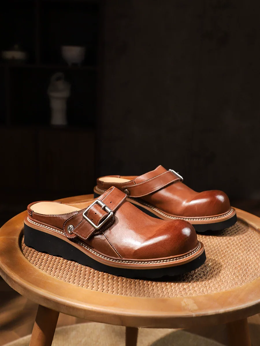 Hand-washed horse leather thick-soled cool slippers