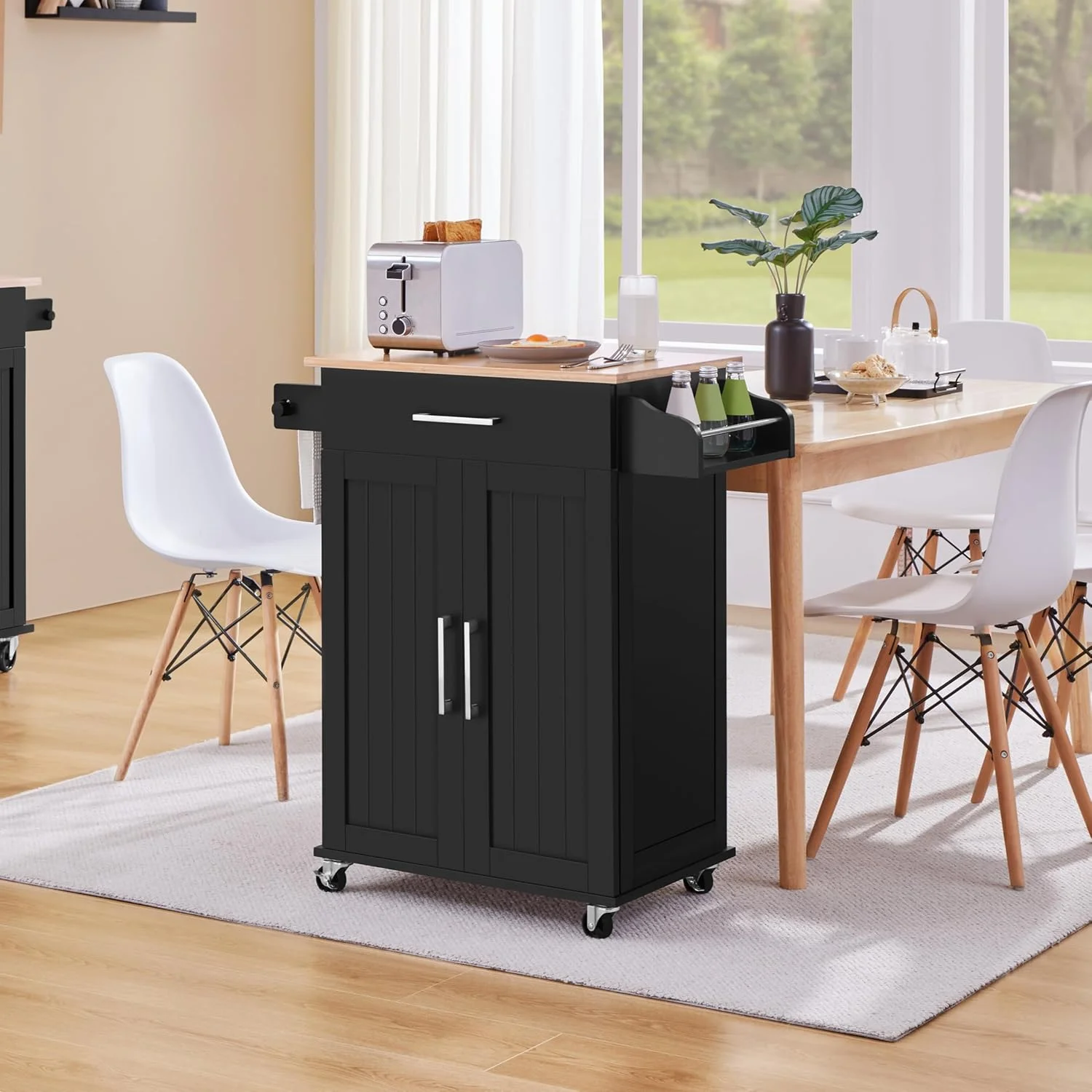 HXYHJ Kitchen Island on Wheels with Storage Cabinet, Rolling Kitchen Cart with Bamboo Top & Drawer & Spice Rack Towel Bar, Microwave Stand Cart for Kitchen/Dining Room, Black