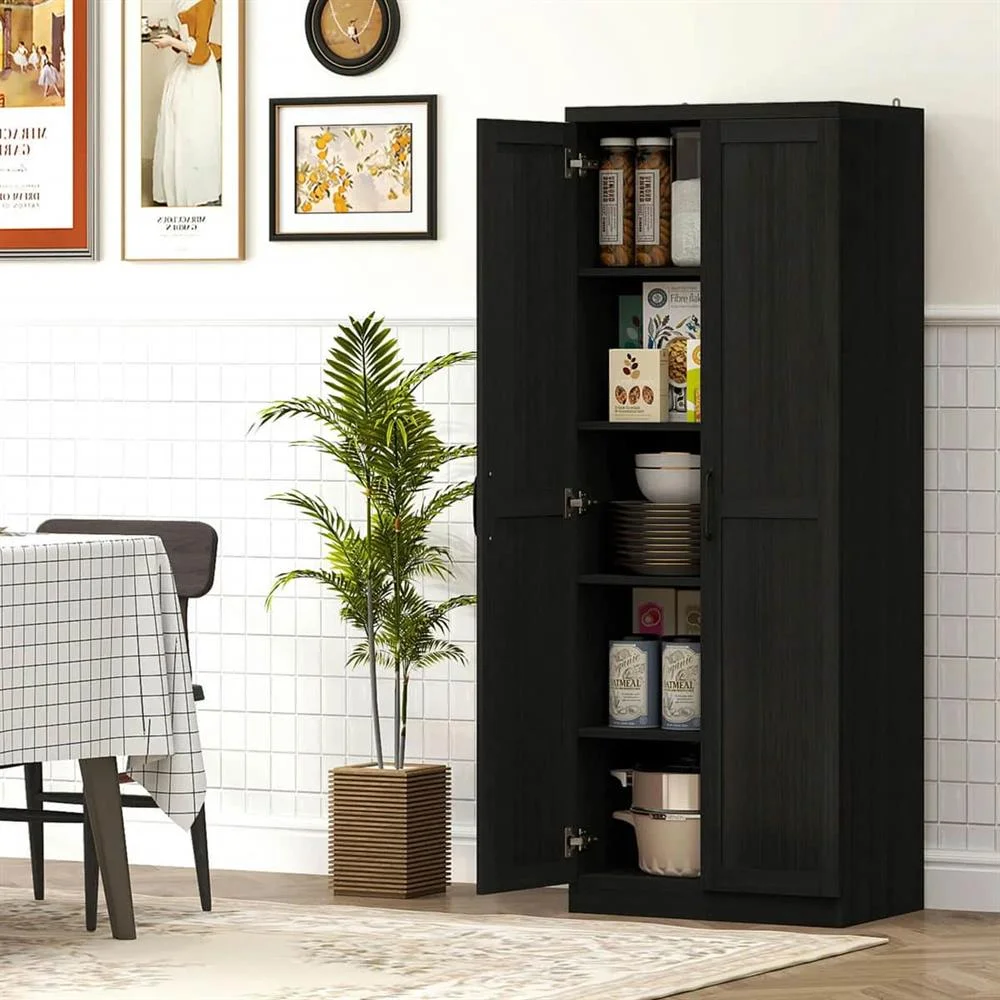 Topcobe 63-Inch Wooden Kitchen Pantry, Sturdy Freestanding Cabinet with 2 Sliding Shelves, Dark Cinnamon Grain for Dining Space, Black finish