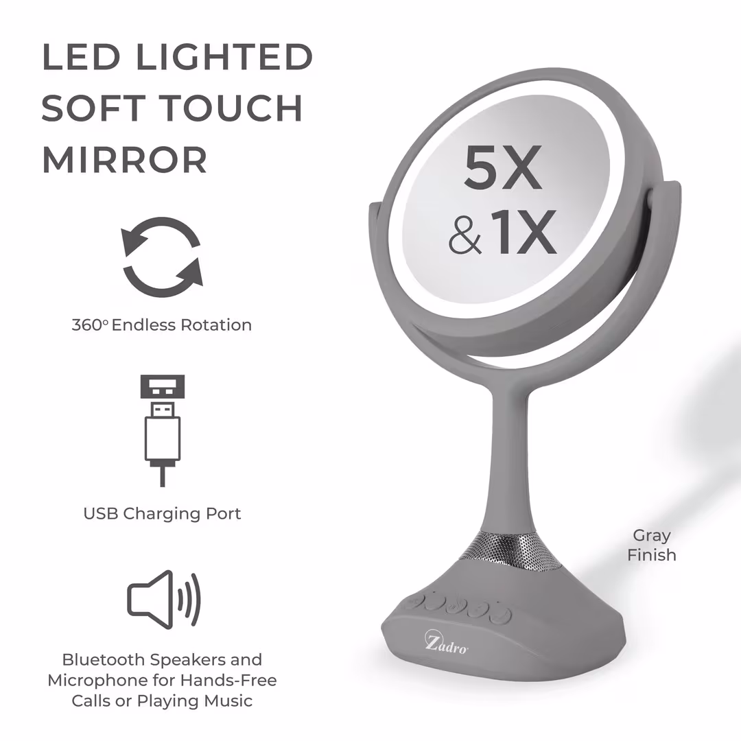 Zadro  Lighted Makeup Mirror 5X/1X, Bluetooth & USB Charging Port