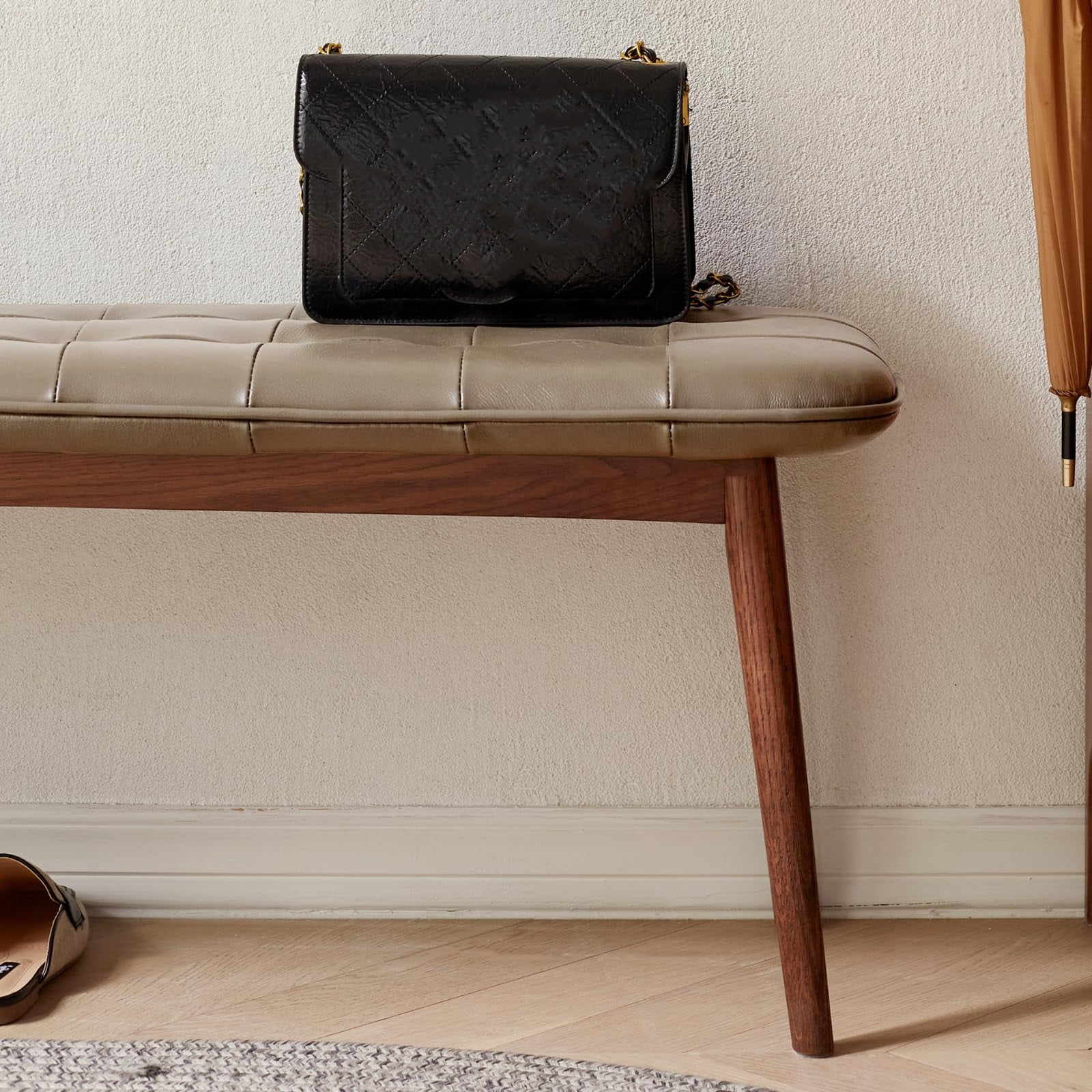 Xukmct Leather Cushion Bench with Wood Frame, Upholstered Dining Bench for Living Room, Dining Room, Brown