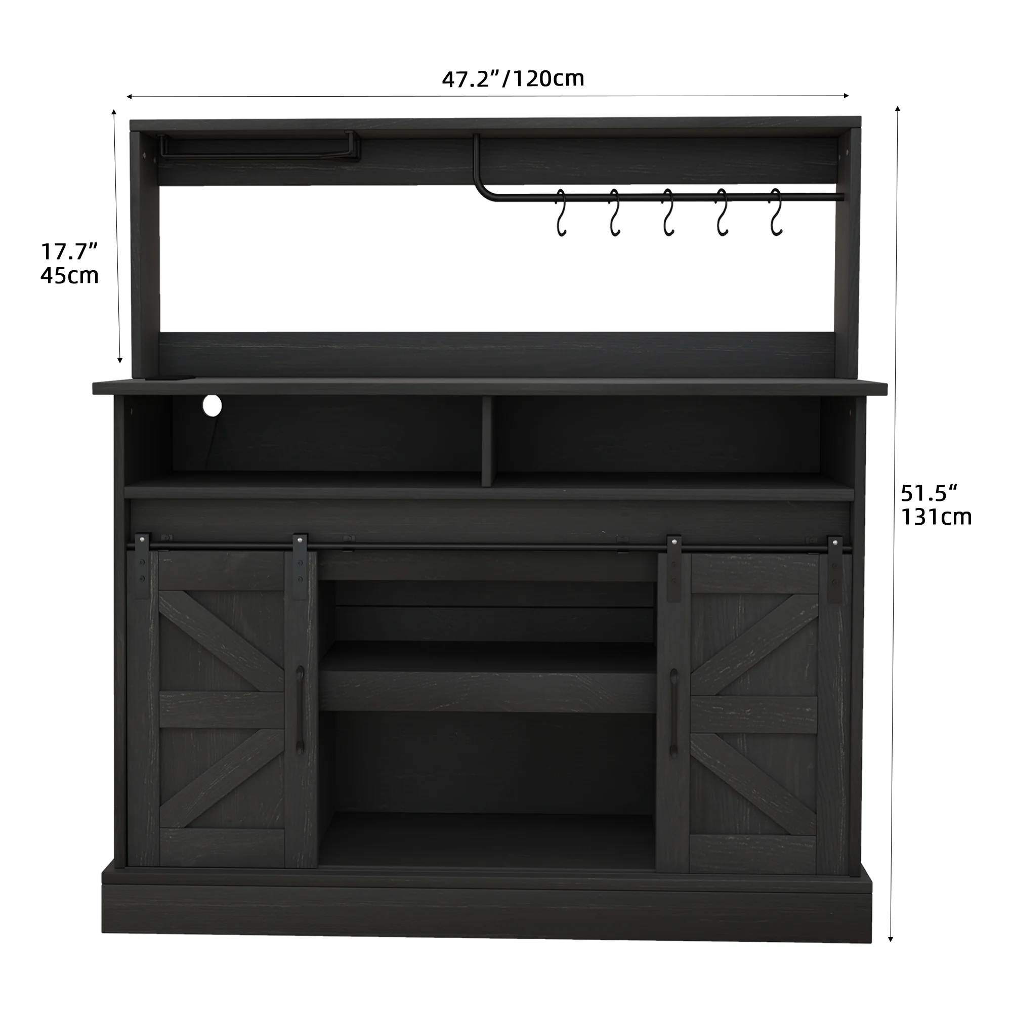 Uforic 47" Farmhouse Coffee Bar Cabinet, Buffet Sideboard with Power Outlets, Wine Glass Rack, Black Oak
