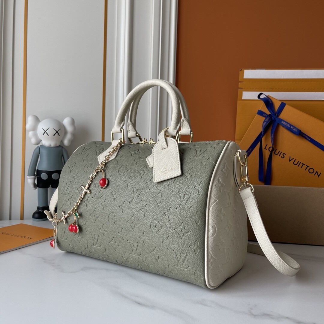 LV Speedy 30 Sage&Cream Split Panel Monogram Embossed Leather Cherry Charm Boston Top Handle Bag
