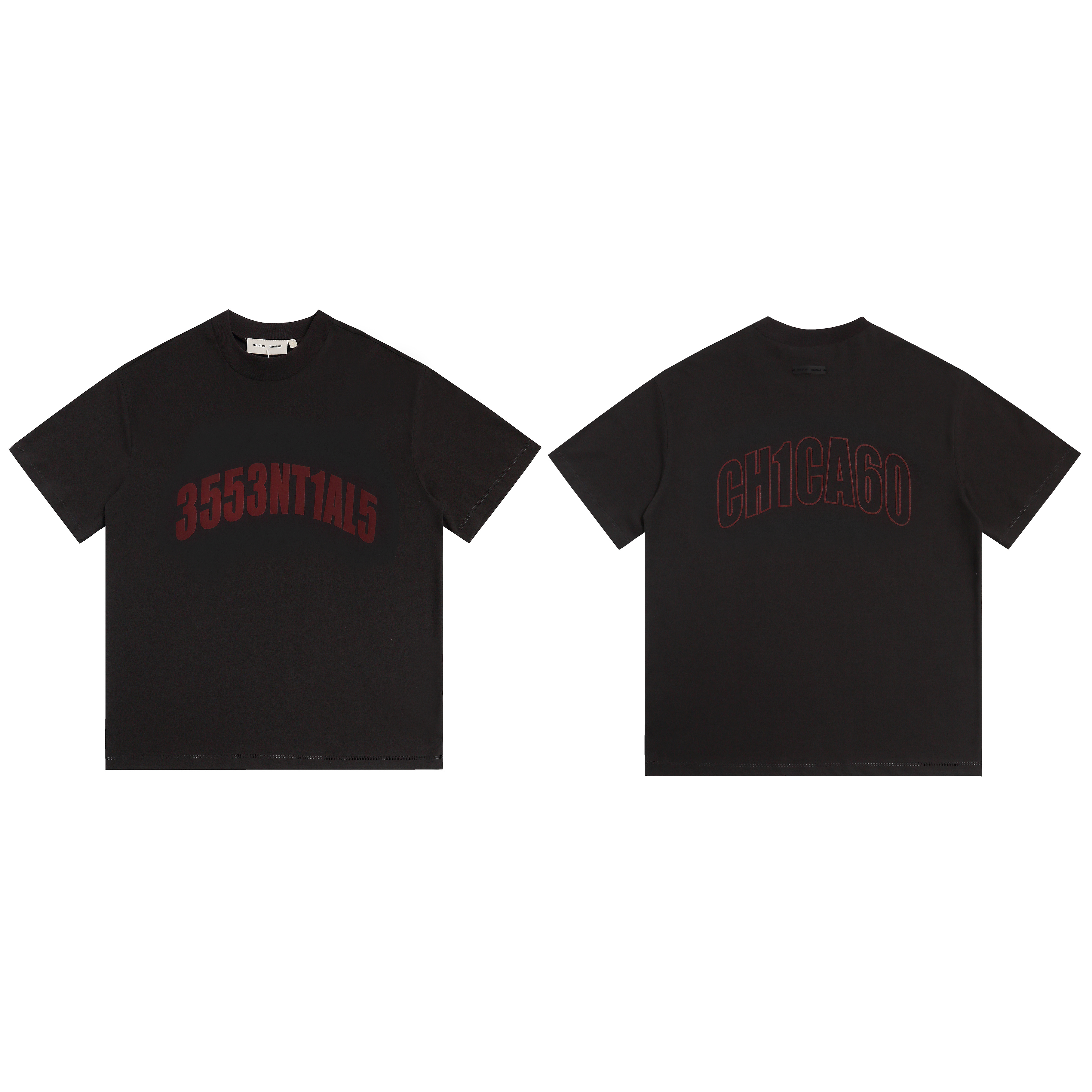 Black simple and minimalist short-sleeved shirt with red lettering and simple floral print