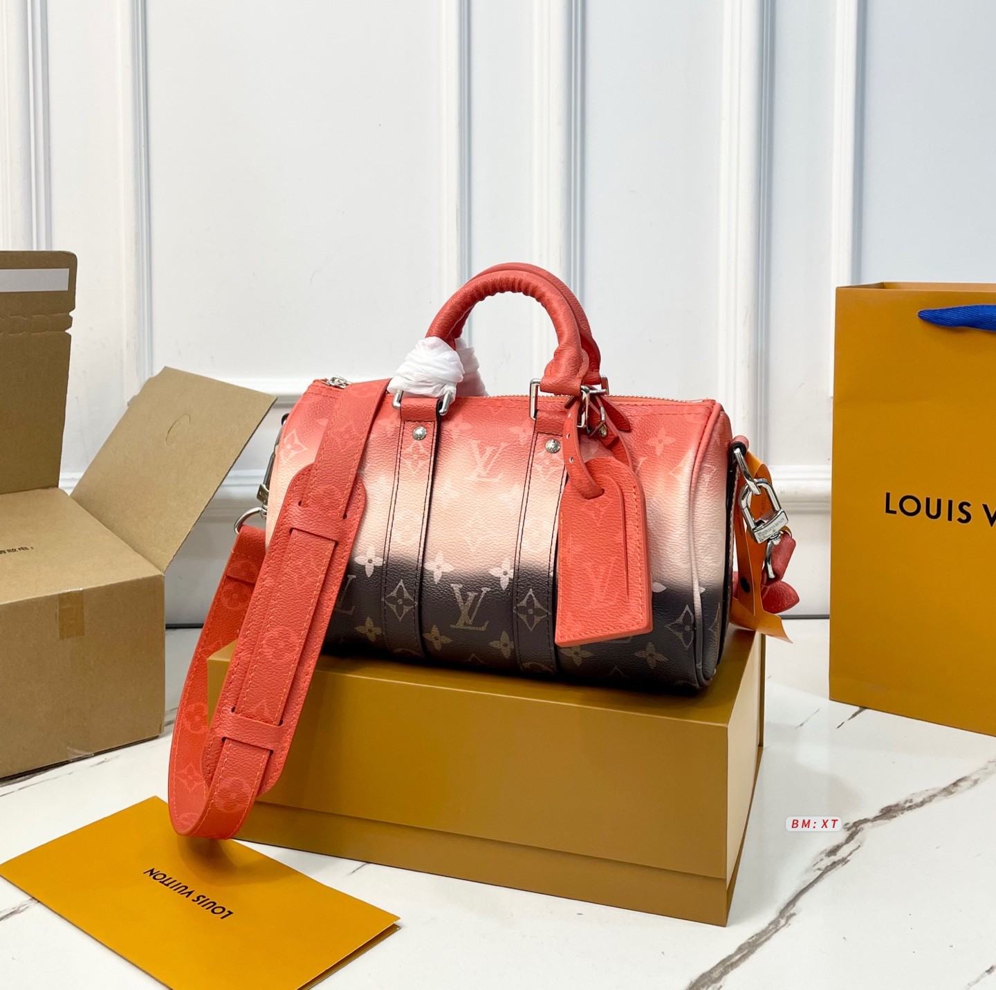 LV Keepall 25 Monogram Sunset Orange Brown Gradient Leather Travel Duffle Barrel Bag