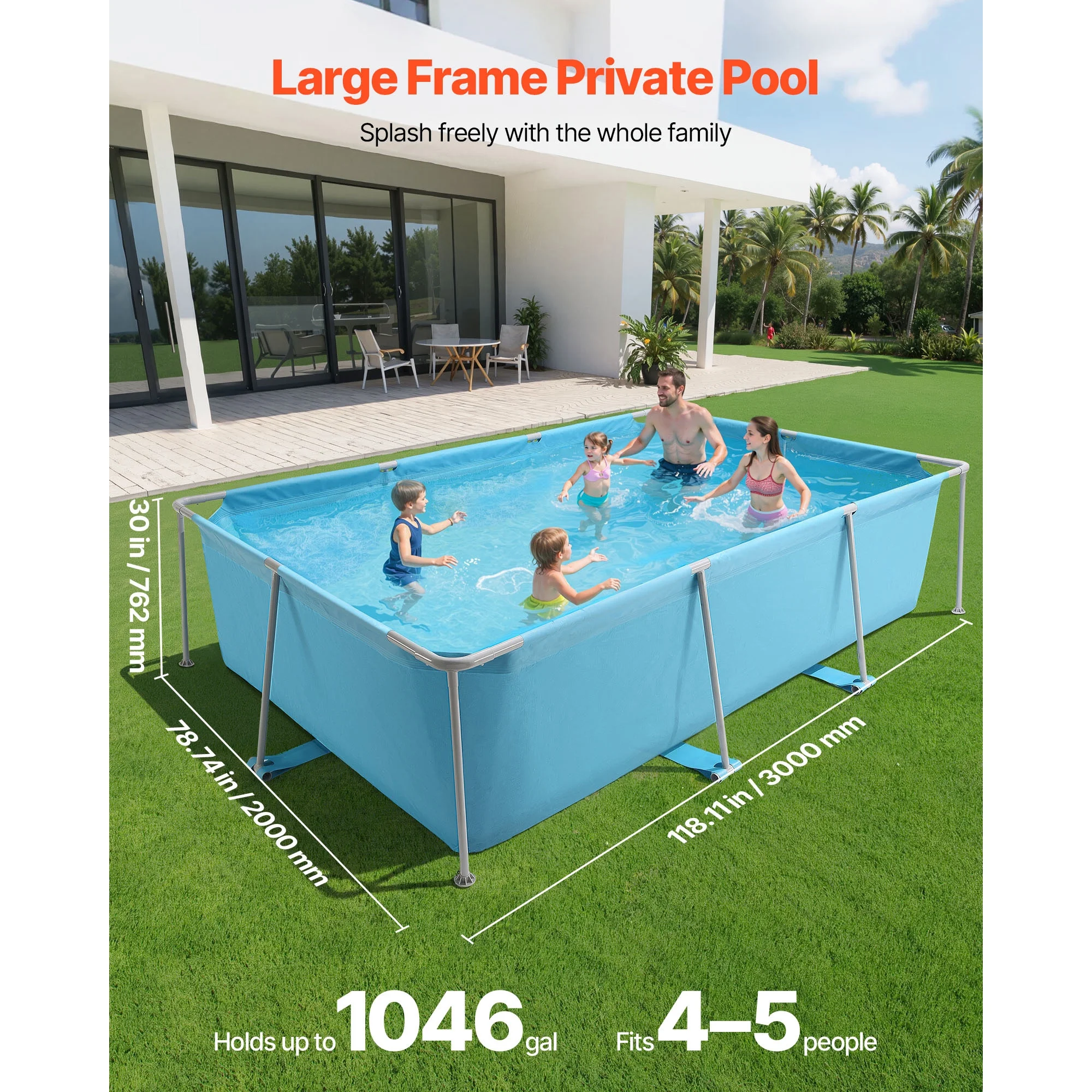 KFFKFF Rectangular Steel Frame Swimming Pool, 118 x 78 x 30 in, Durable Outdoor Family Pool for Backyard, Easy Assembly with Rust-Resistant Design, 1046 Gallon Capacity, Blue