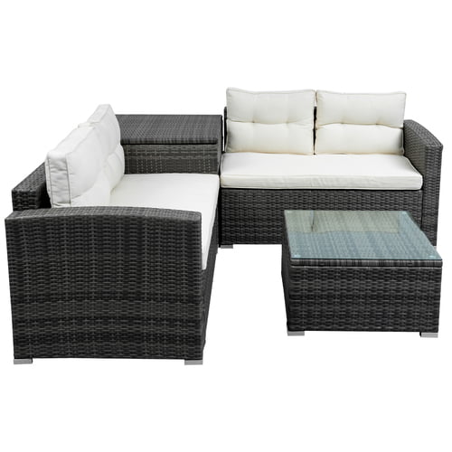 SEGMART Patio Furniture Sets, 4 Piece Patio Furniture Sets with Loveseat Sofa, Storage Box, Tempered Glass Coffee Table, All-Weather Patio Sectional Sofa Set with Cushions for Backyard Garden Pool