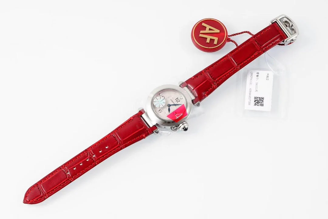 Cartier Watch pasha 30mm quartz stainless steel white dial red leather