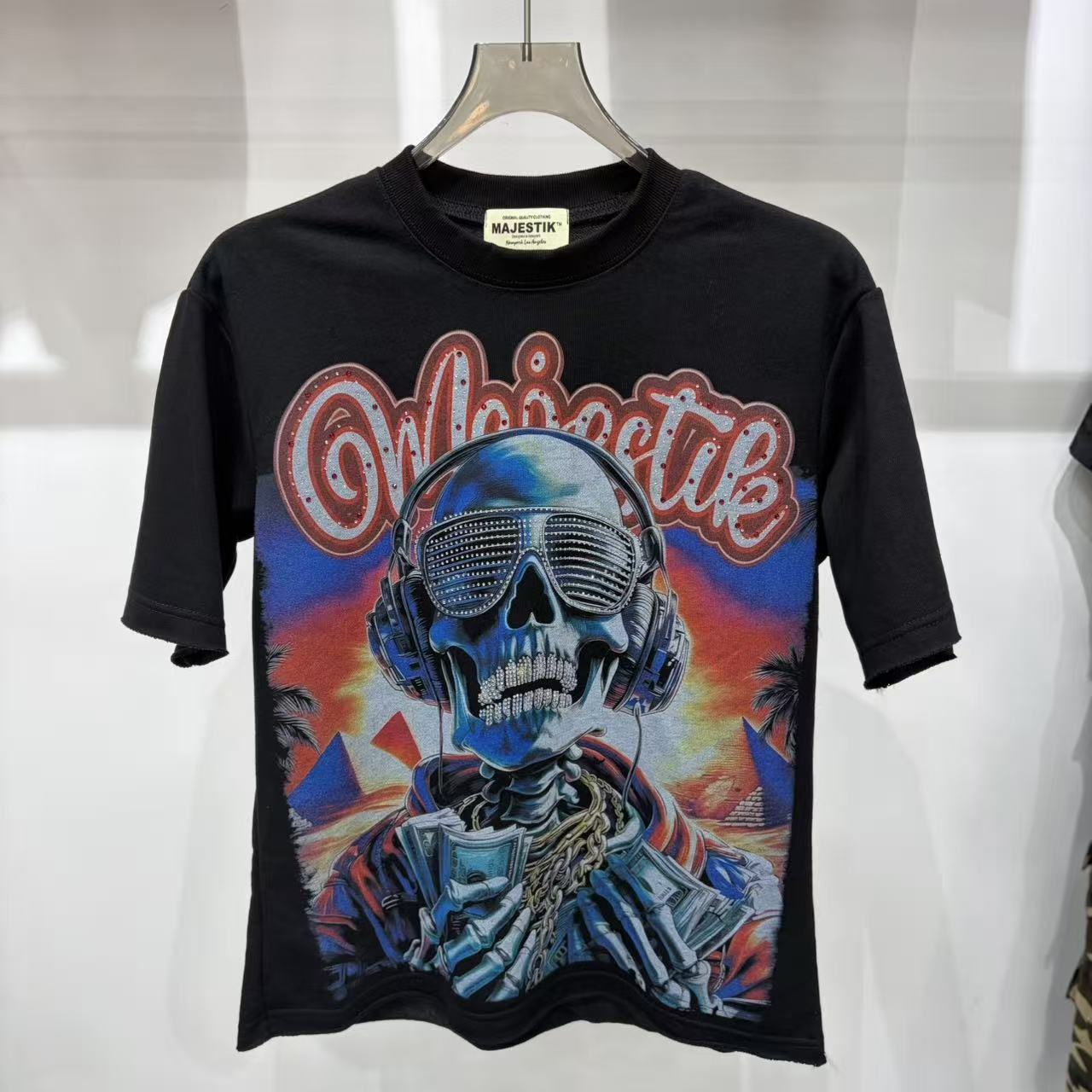 Mechanical movement diamond-encrusted teeth skeleton tropical scenery printed short-sleeved shirt
