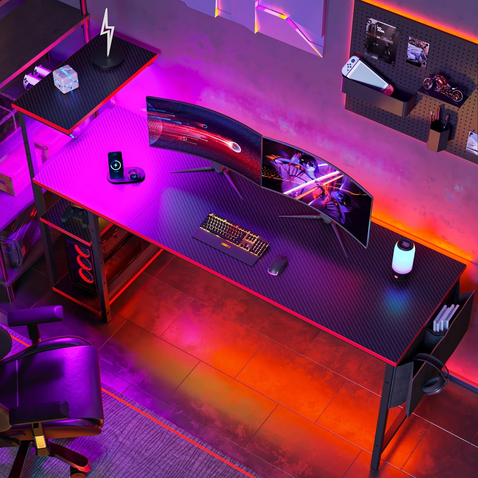 Bestier Reversible 63 inch Gaming Desk Computer Desk with LED Lights 4 Tier Shelves Carbon Fiber