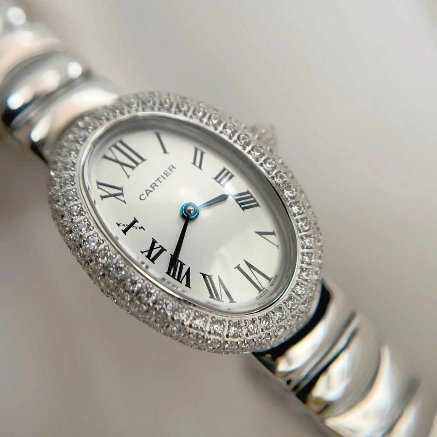 Cartier Watch Baignoire Stainless Steel White Dial Diamond Bezel