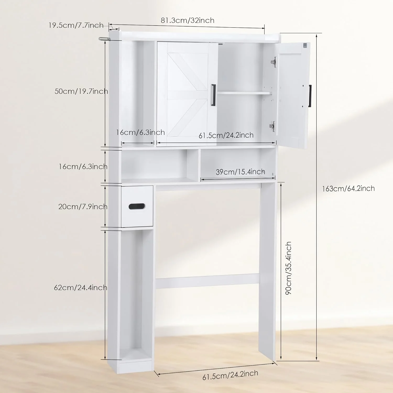 Over The Toilet Storage Cabinet, Farmhouse Bathroom Space Saver Organizer with 2 Barn Doors and Paper Holder Stand, Wooden Toilet Rack for Restroom, Laundry