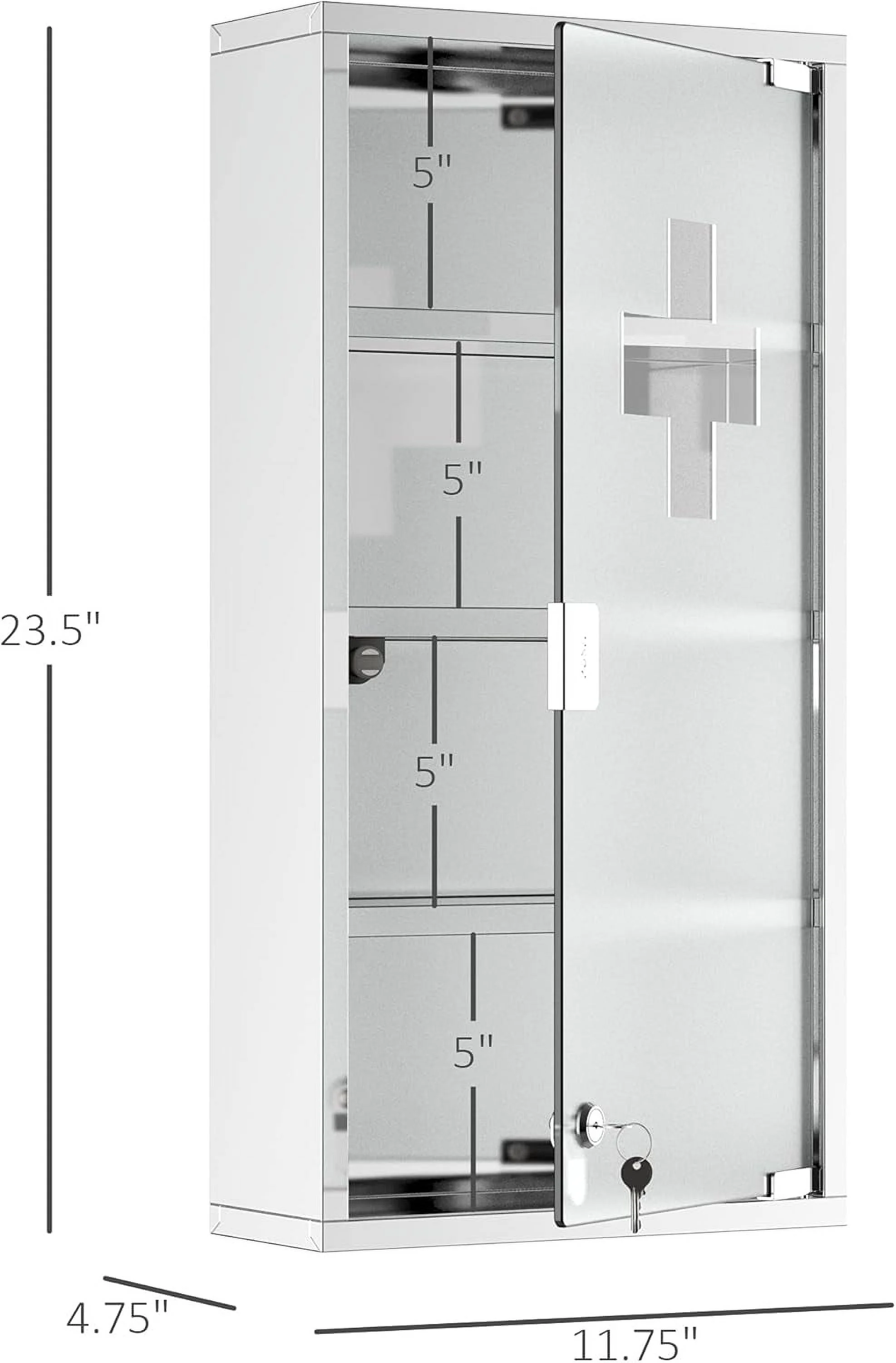 BOBOKY Wall Mounted Medicine Cabinet, Locking Wall Cabinet with 4 Tier Shelves, Stainless Steel Frame and Glass Door, Lockable with 2 Keys, Silver,12" x 24"