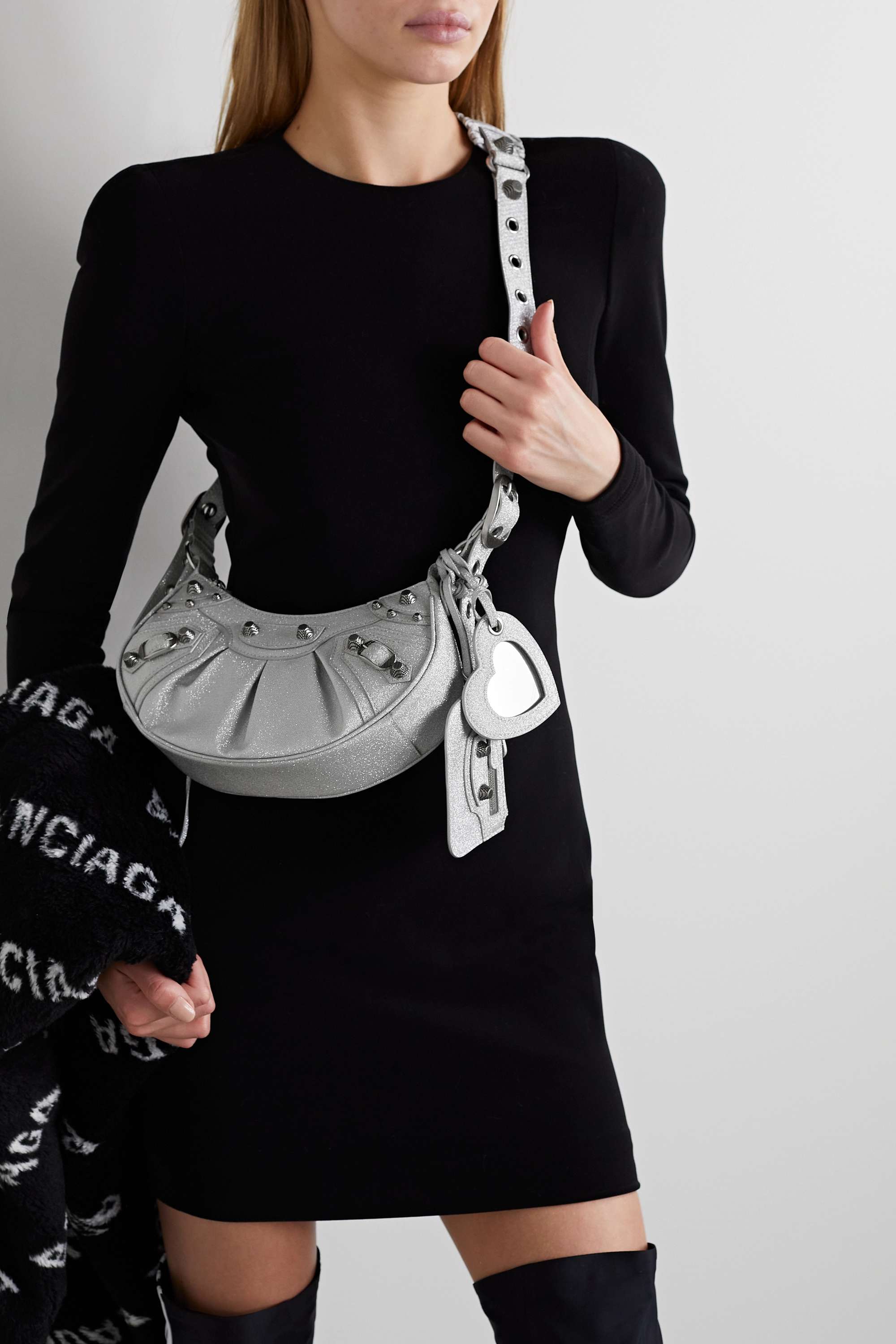Balenciaga Le Cagole XS studded metallic canvas shoulder bag grey