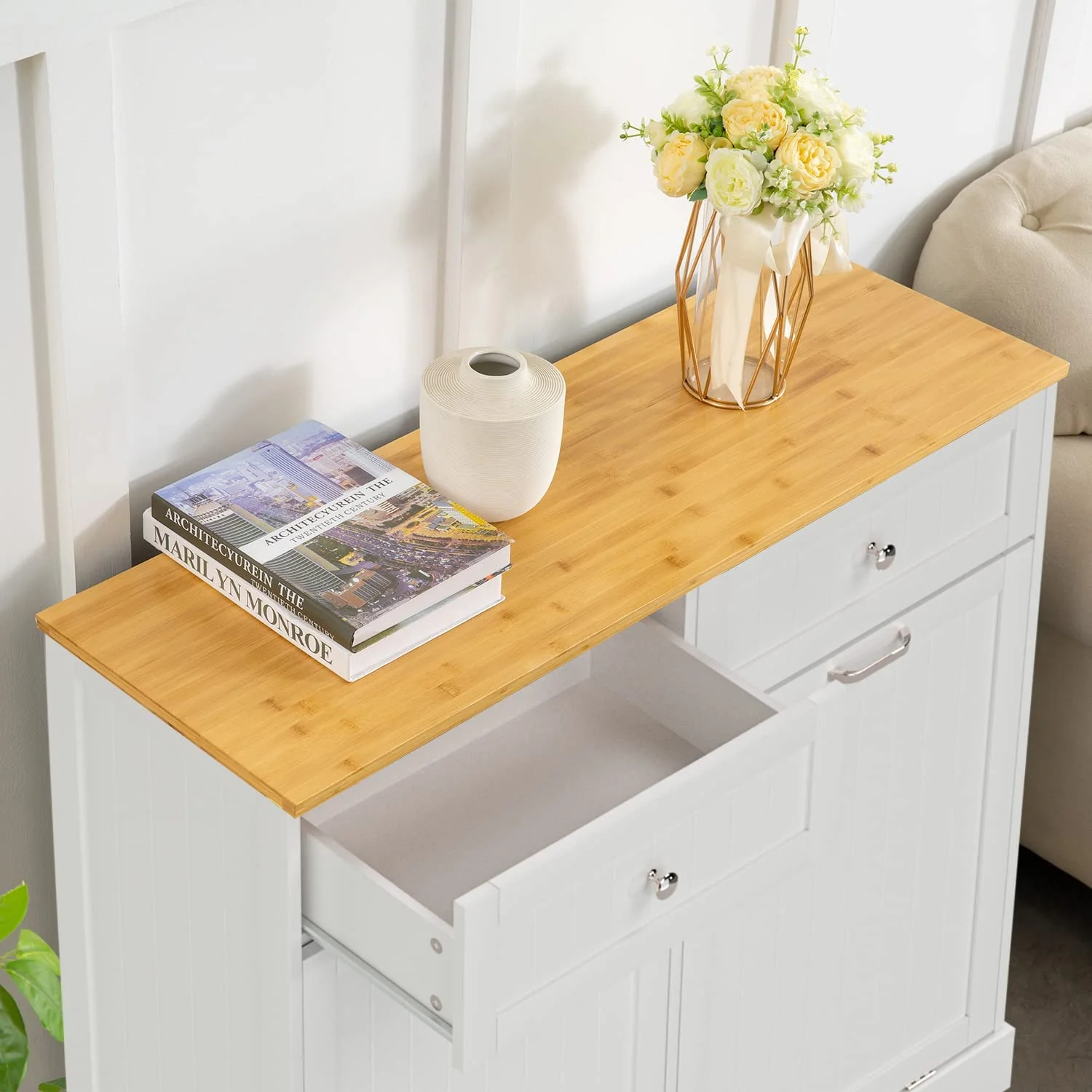 Reliancer Kitchen Trash Cabinet - Double Tilt Out Trash Cabinet with 2 Hideaway Drawers, Solid Wood Tabletop - Free Standing Recycling Cabinet - Pet Proof Trash Can Holder with Storage, White