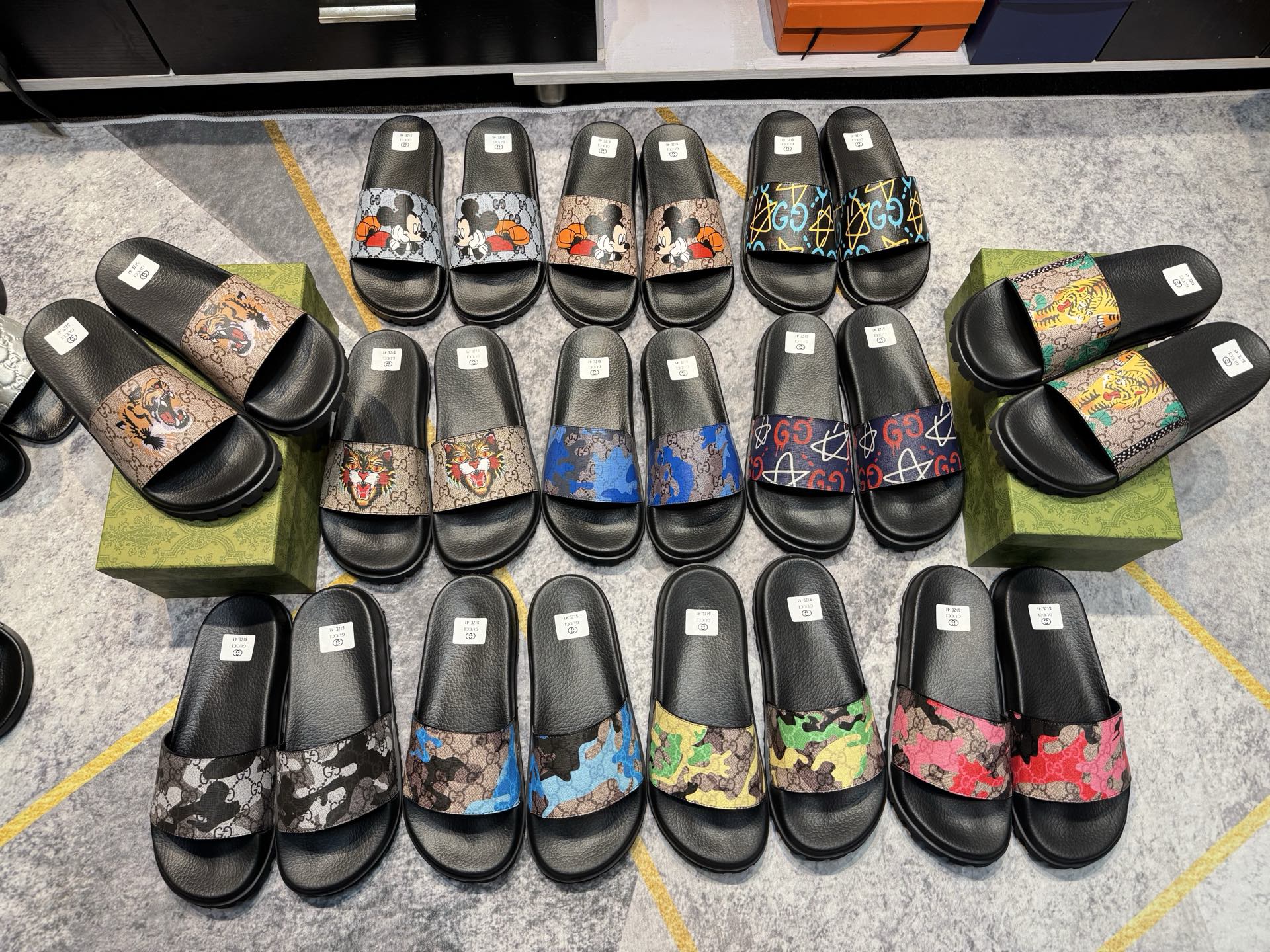 Gucci GG Supreme Graphic Print Character & Animal &Camo Coated Canvas EVA Slides Sandals