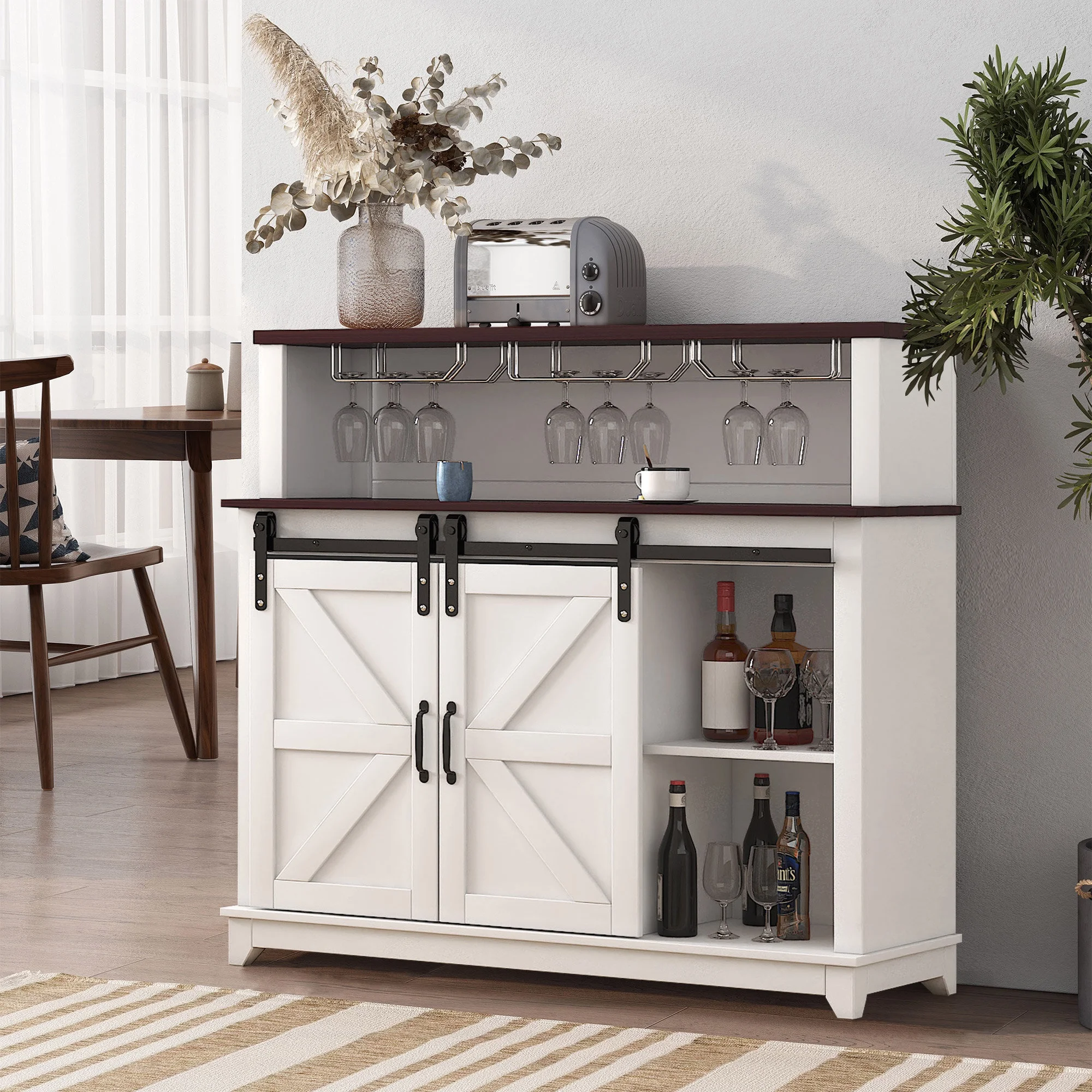 Glavbiku Farmhouse Coffee Bar Wine Cabinet W/ Sliding Barn Door,Sideboard Buffet W/ Wine Rack,White