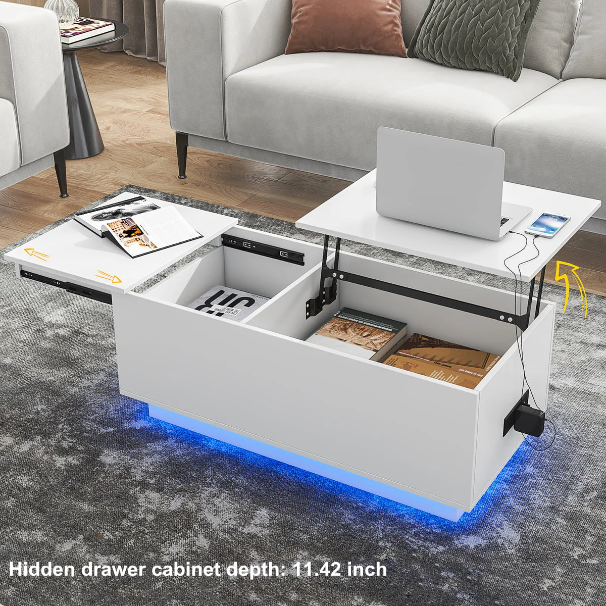 LED Coffee Table Lift Top End Table with with Charging Station and Storage Space Modern Rectangle Cocktail Tables Sofa Side Dining Table