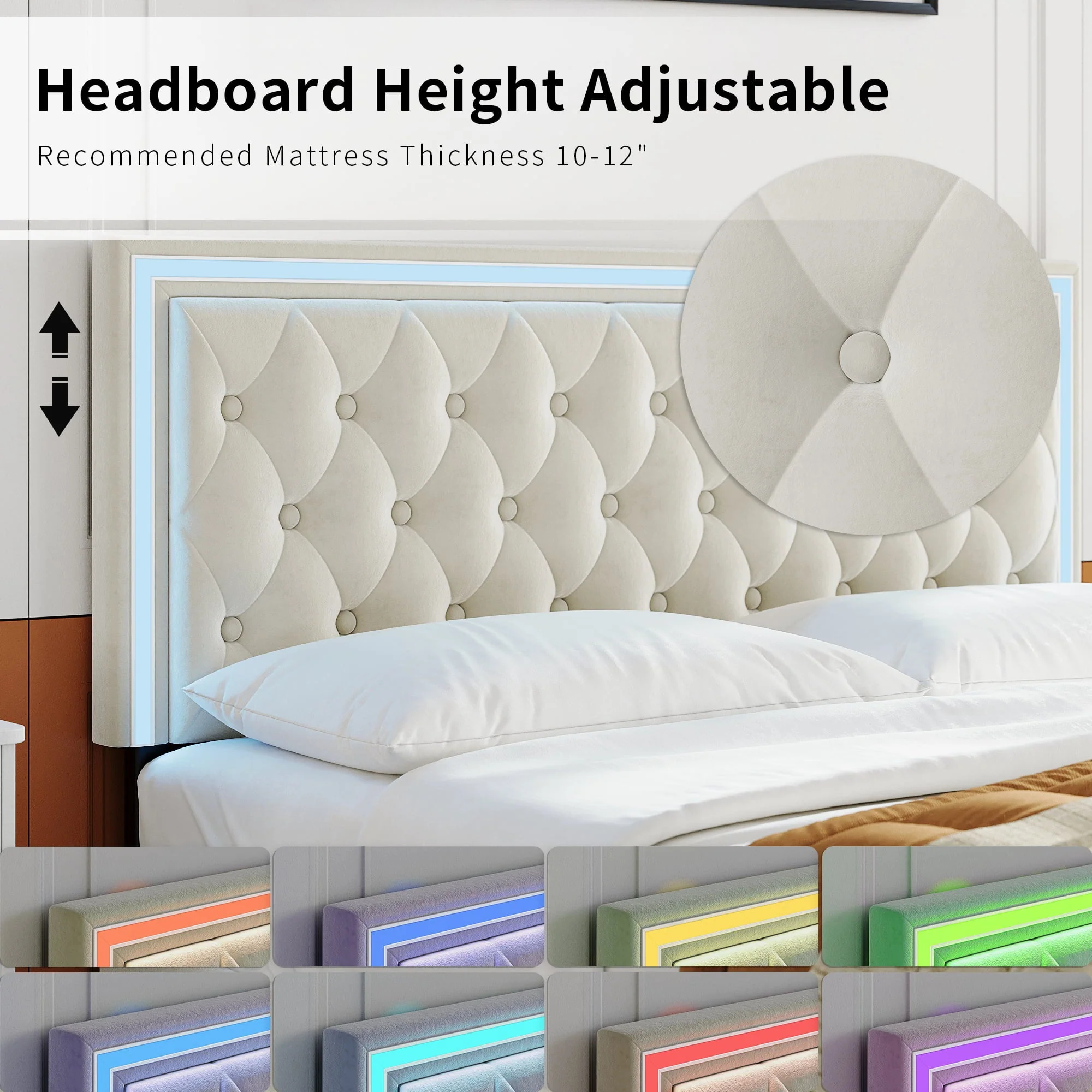 Homfa Queen LED Bed, 9 Colors LED Lights Platform Bed Frame with 4 Storage Drawers, Adjustable Upholstered Headboard with Button Tufted, Velvet Beige