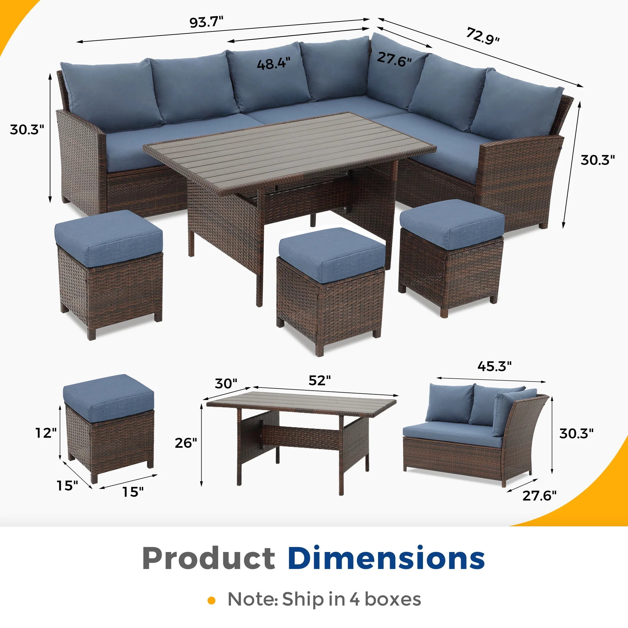 Superjoe 7 Pieces Outdoor Patio Furniture Set with Ottoman, Blue