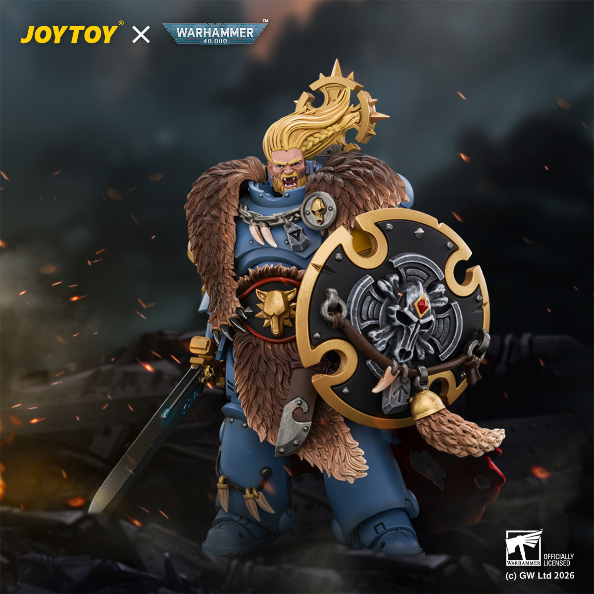 JOYTOY JT05312 Warhammer 40k 1:18 Space Wolves Wolf Guard Battle Leader with Master-crafted Power Weapon, Storm Shield, Thunder Hammer Master-crafted Heavy Bolt Pistol, and Plasma Pistol - JOYTOY WORLD