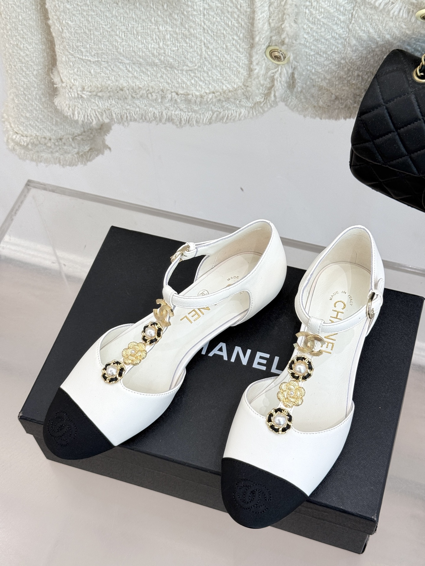 Chanel CC Camellia Pearls Logo Smooth Leather Lambskin Lining Two Tone T Strap Buckle Mary Jane Flats
