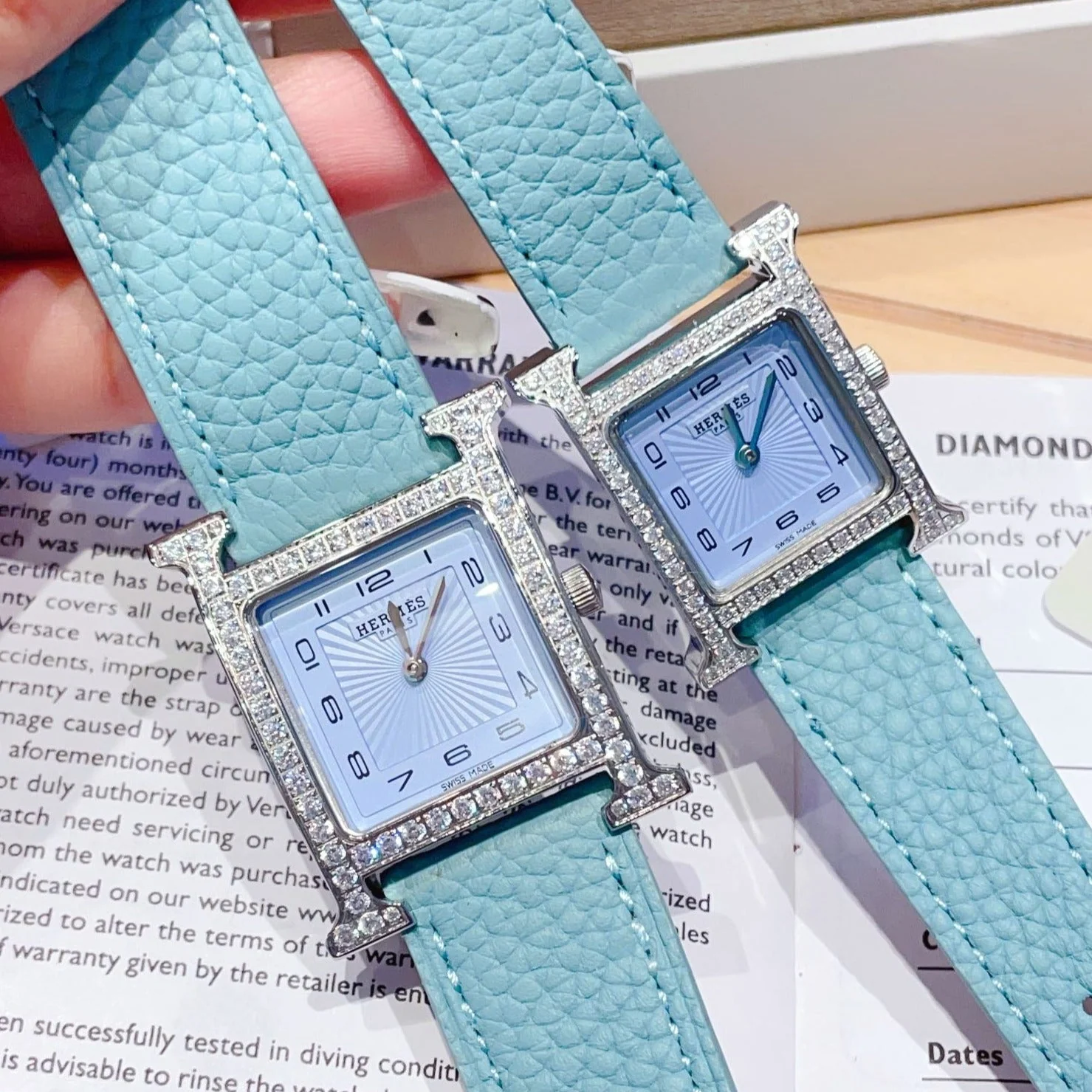 Hermes Watch HEURE H 26 SILVER BLUE DIAL DIAMOND BEZEL EPSOM LEATHER