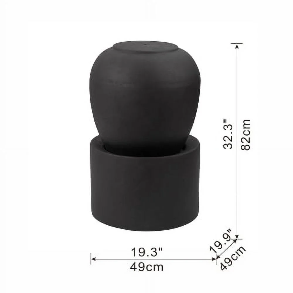 Heavy Outdoor Cement Fountain Black, Cute Unique Urn Design Water feature For Home Garden, Lawn, Deck & Patio 19.5x19.5x32.5"