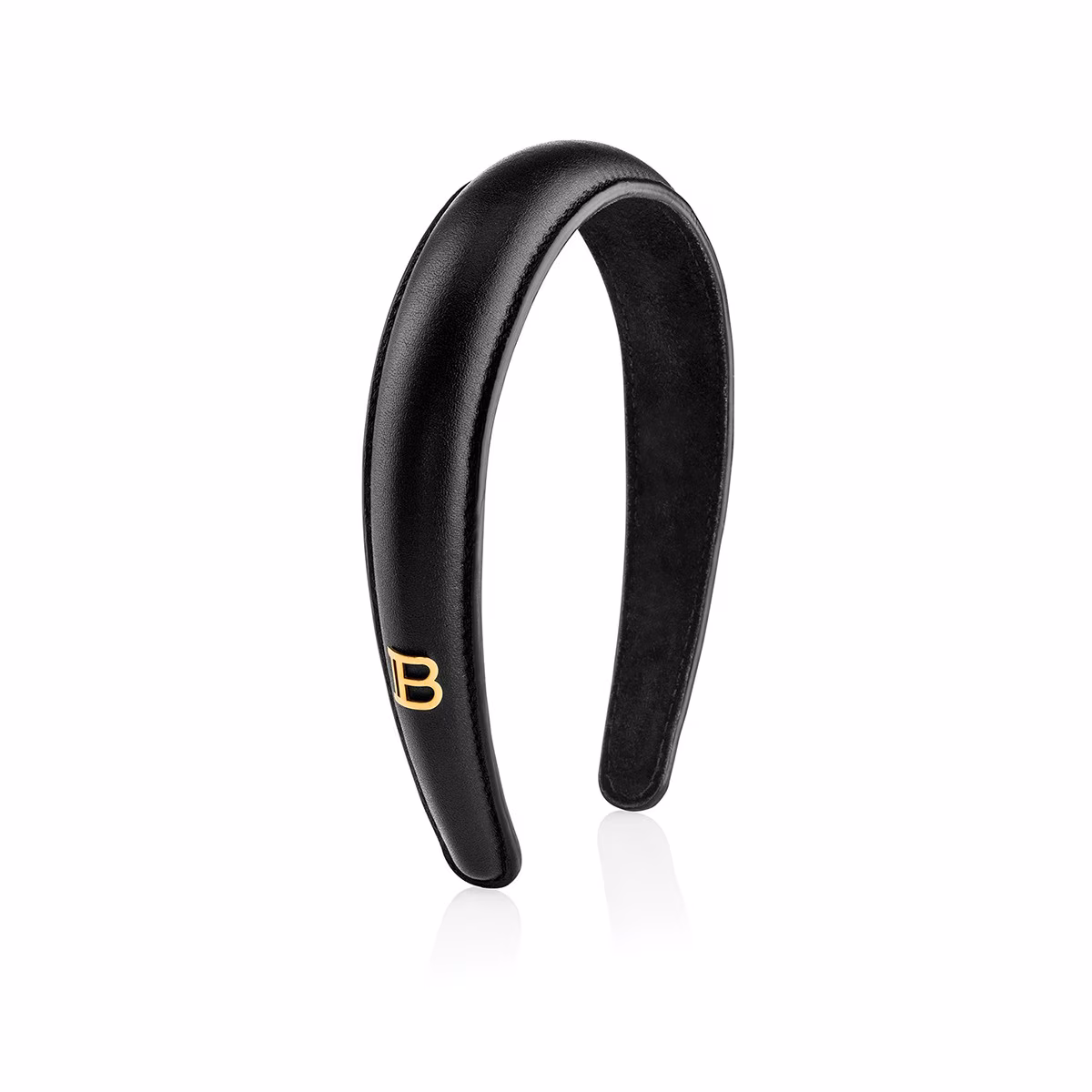 HC Black Leather Puffed Headband with Gold Plated Logo