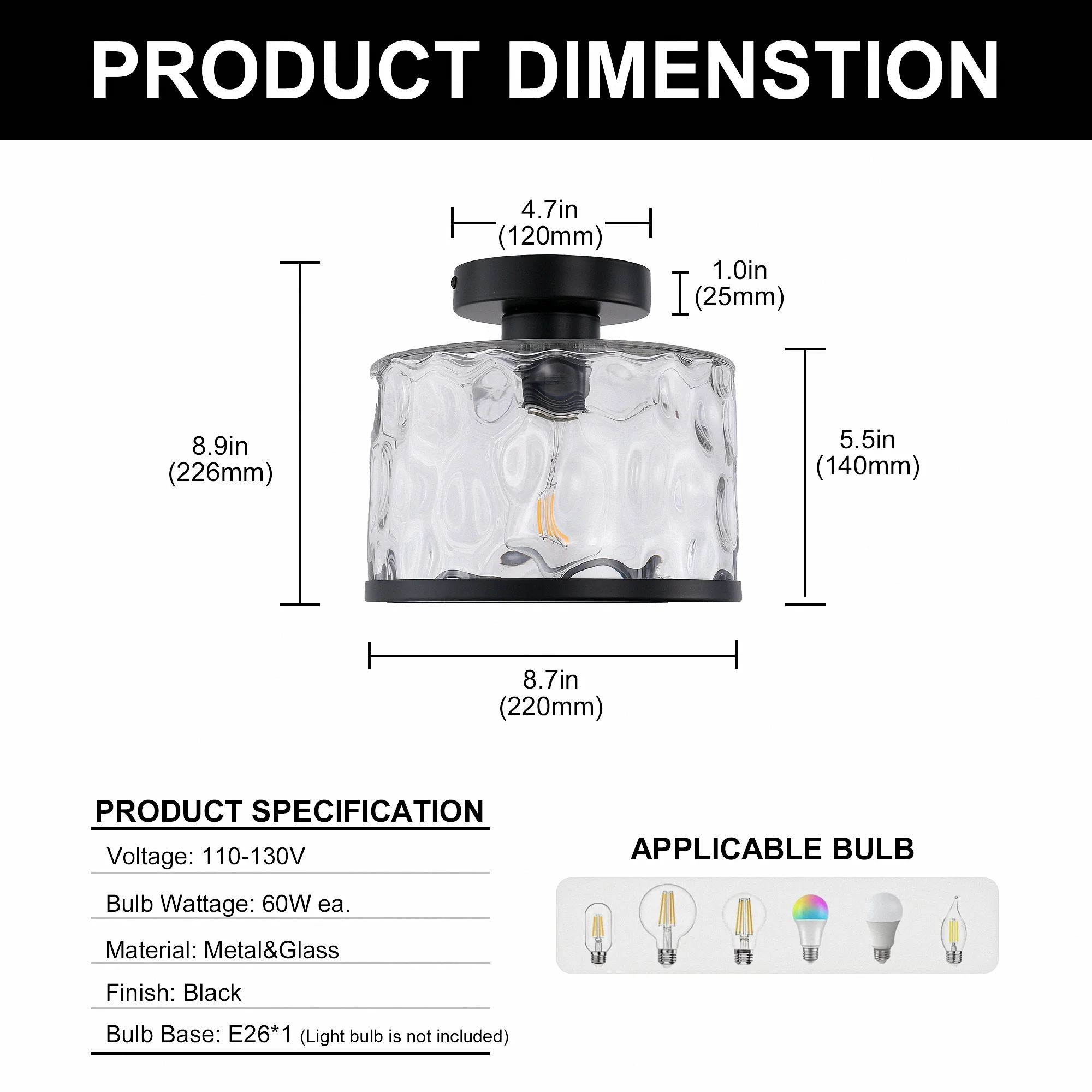 LOHASLED Industrial Semi Flush Mount Ceiling Light with Clear Hammered Glass,Black ,Modern Lighting for Hallway, Porch, Kitchen, Bathroom, Bedroom