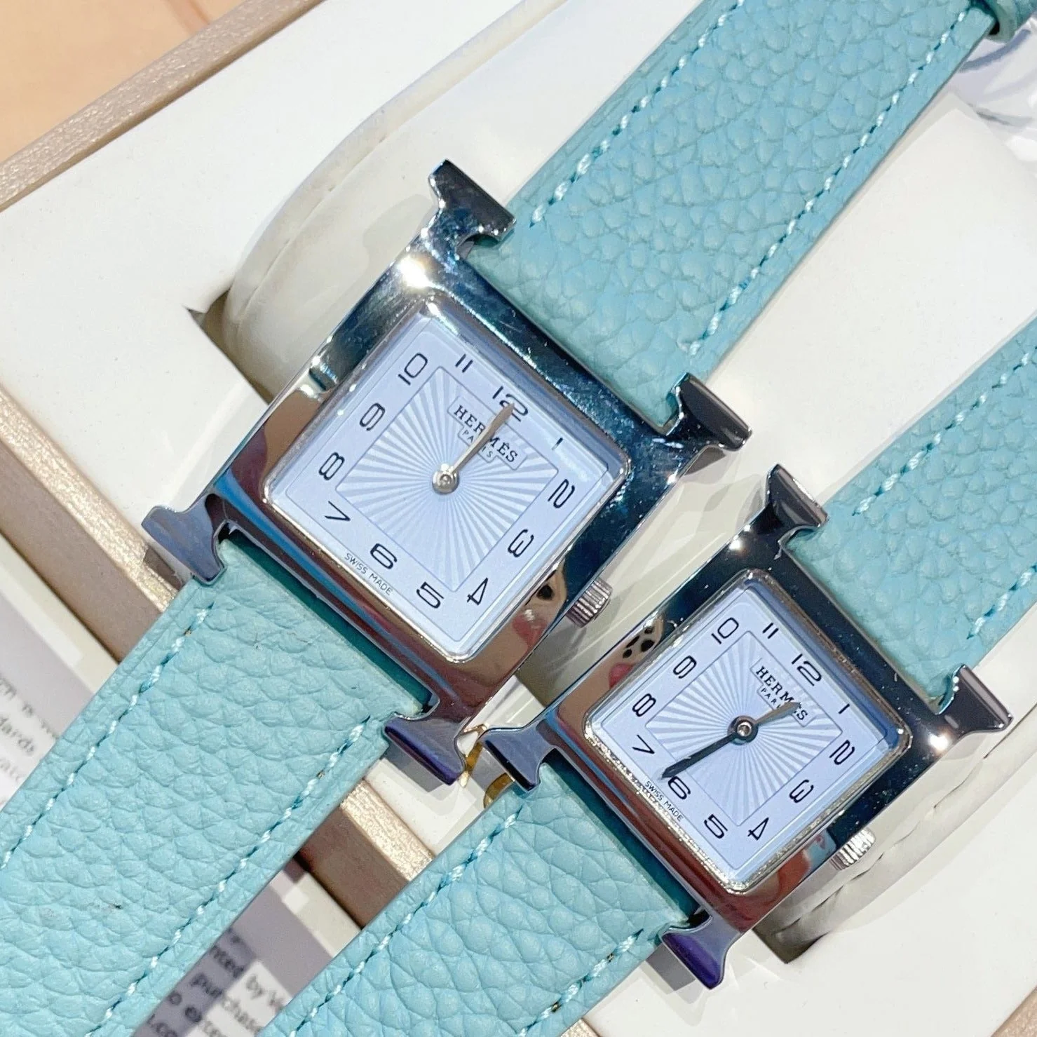 Hermes Watch HEURE H 26 SILVER BLUE DIAL EPSOM LEATHER