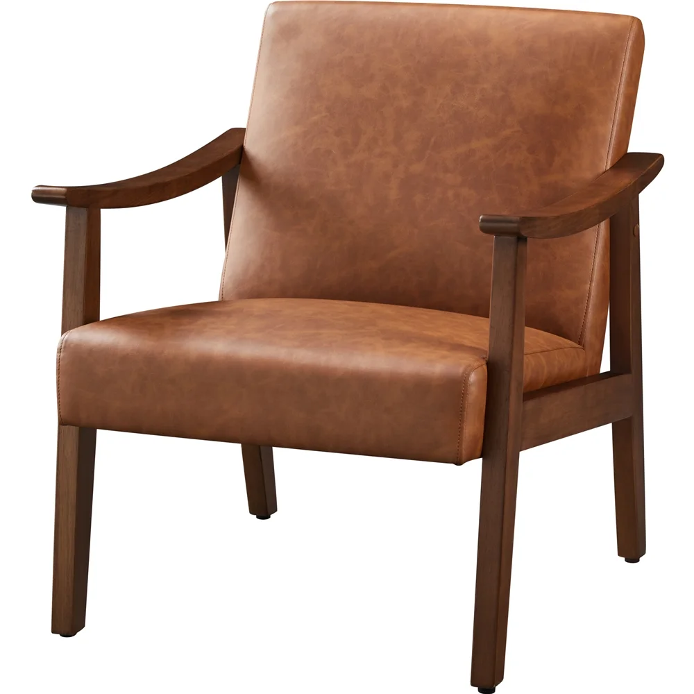 Alden Design Modern Accent Chair with Wooden Frame, Warm Brown Faux Leather